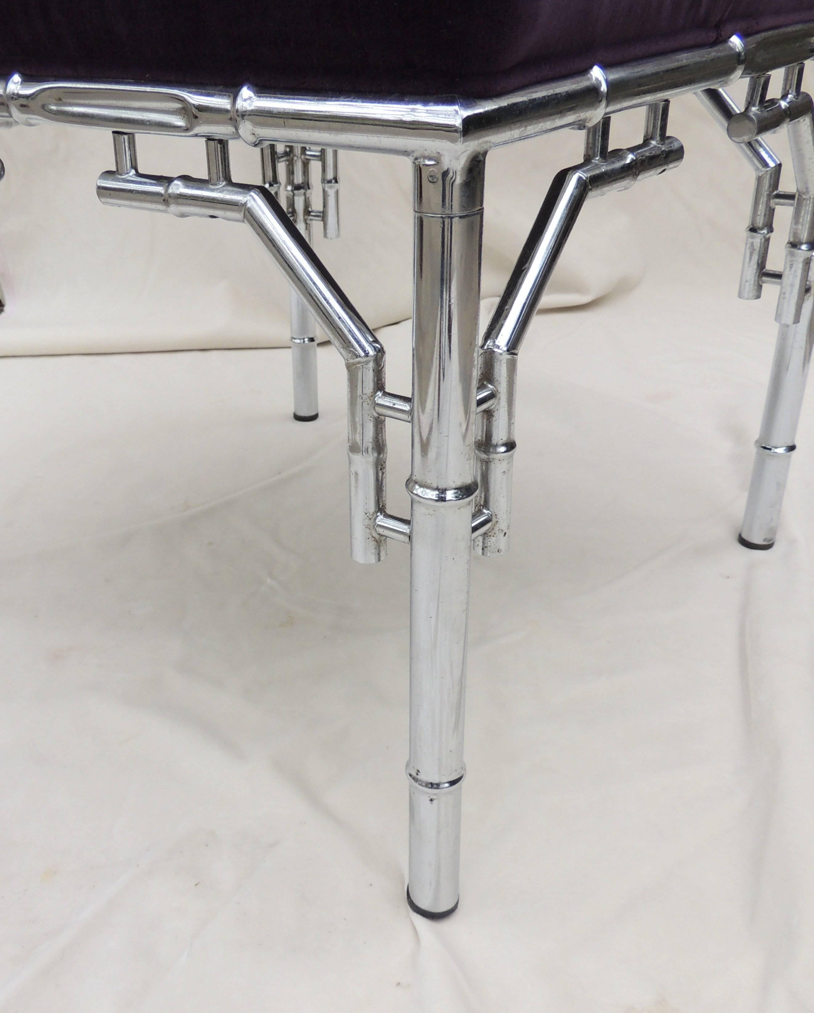 Mid-20th Century Wonderful Transitional Chrome Velvet Stool Nickel Bamboo Jansen Bench For Sale