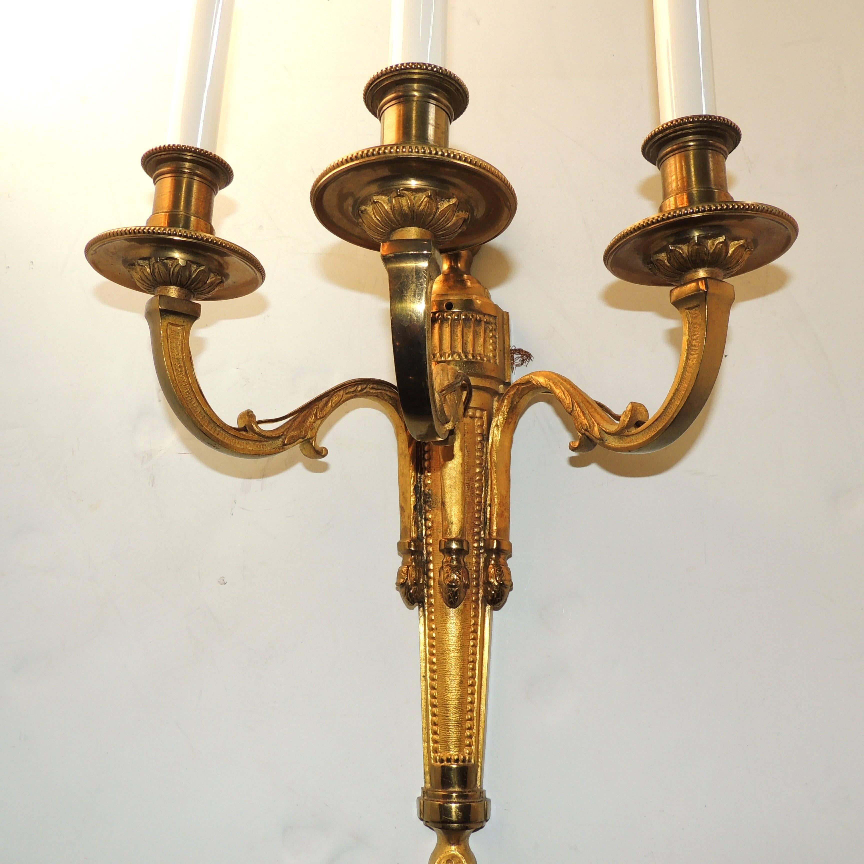 French Wonderful Pair Neoclassical Urn Three-Arm Regency Caldwell Empire Sconces For Sale