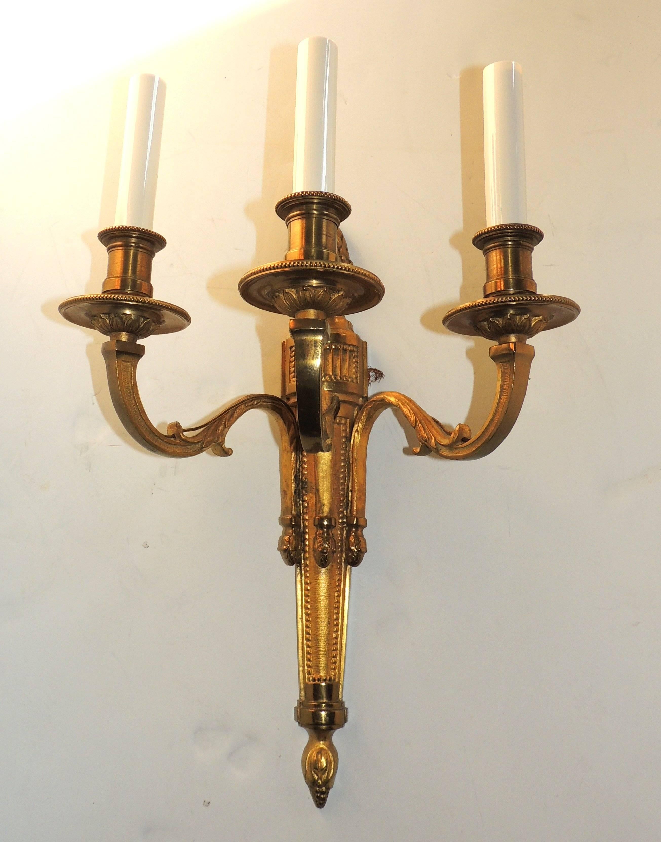 Wonderful Pair Neoclassical Urn Three-Arm Regency Caldwell Empire Sconces In Good Condition For Sale In Roslyn, NY