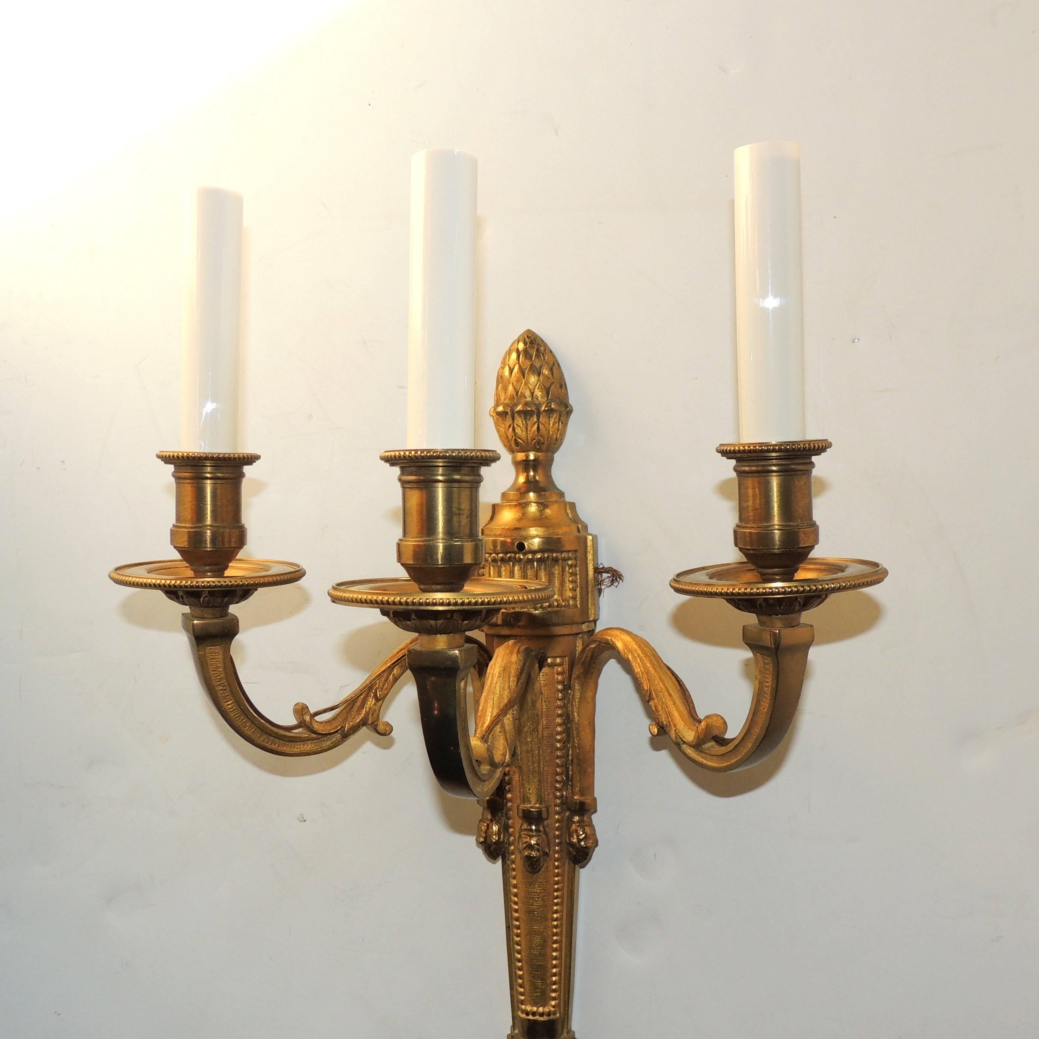 Mid-20th Century Wonderful Pair Neoclassical Urn Three-Arm Regency Caldwell Empire Sconces For Sale