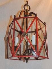 Wonderful Petite Red Gilt Bronze Hexagon Panel Lantern Fixture 3 Lights Pendent