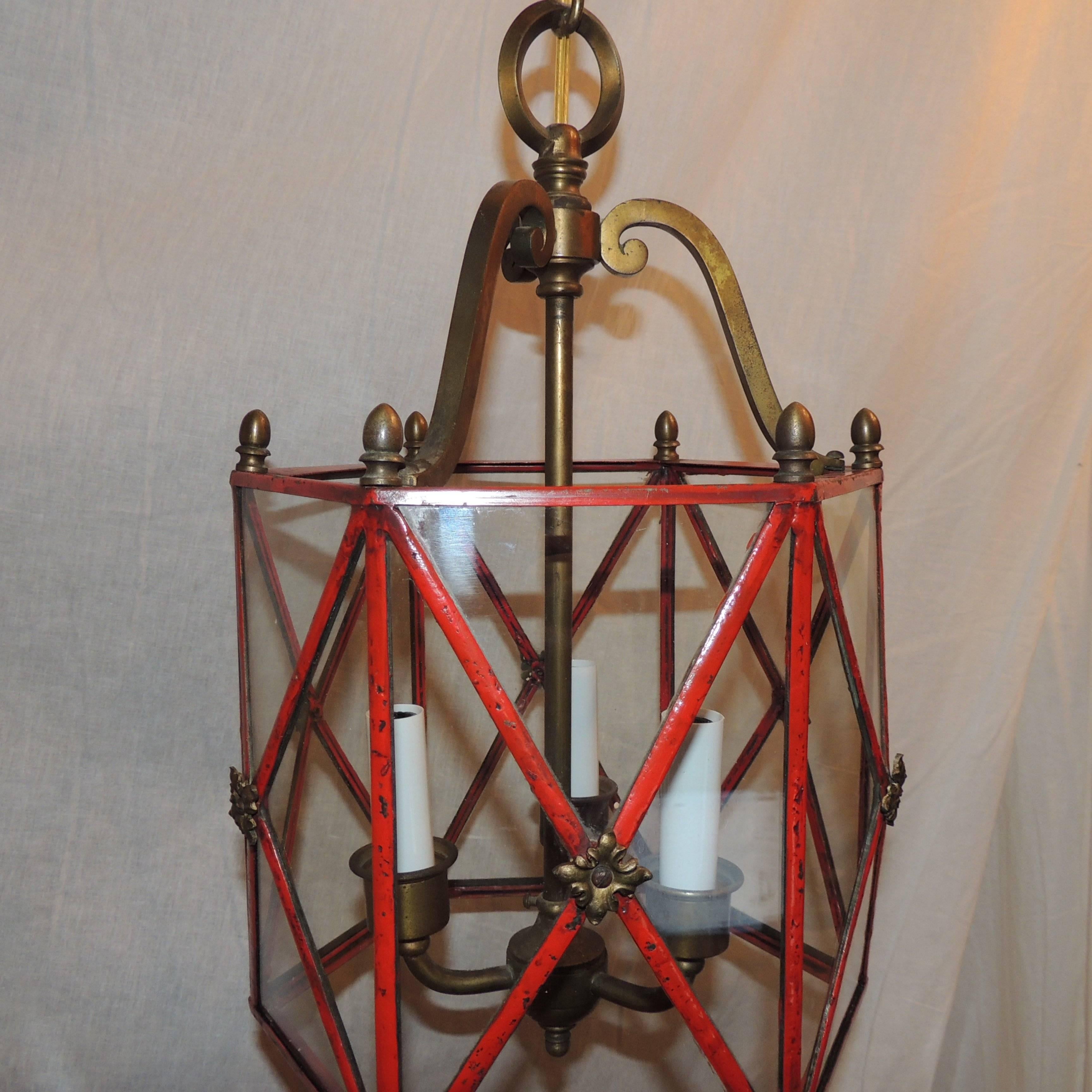Wonderful Petite Red Gilt Bronze Hexagon Panel Lantern Fixture 3 Lights Pendent In Good Condition In Roslyn, NY