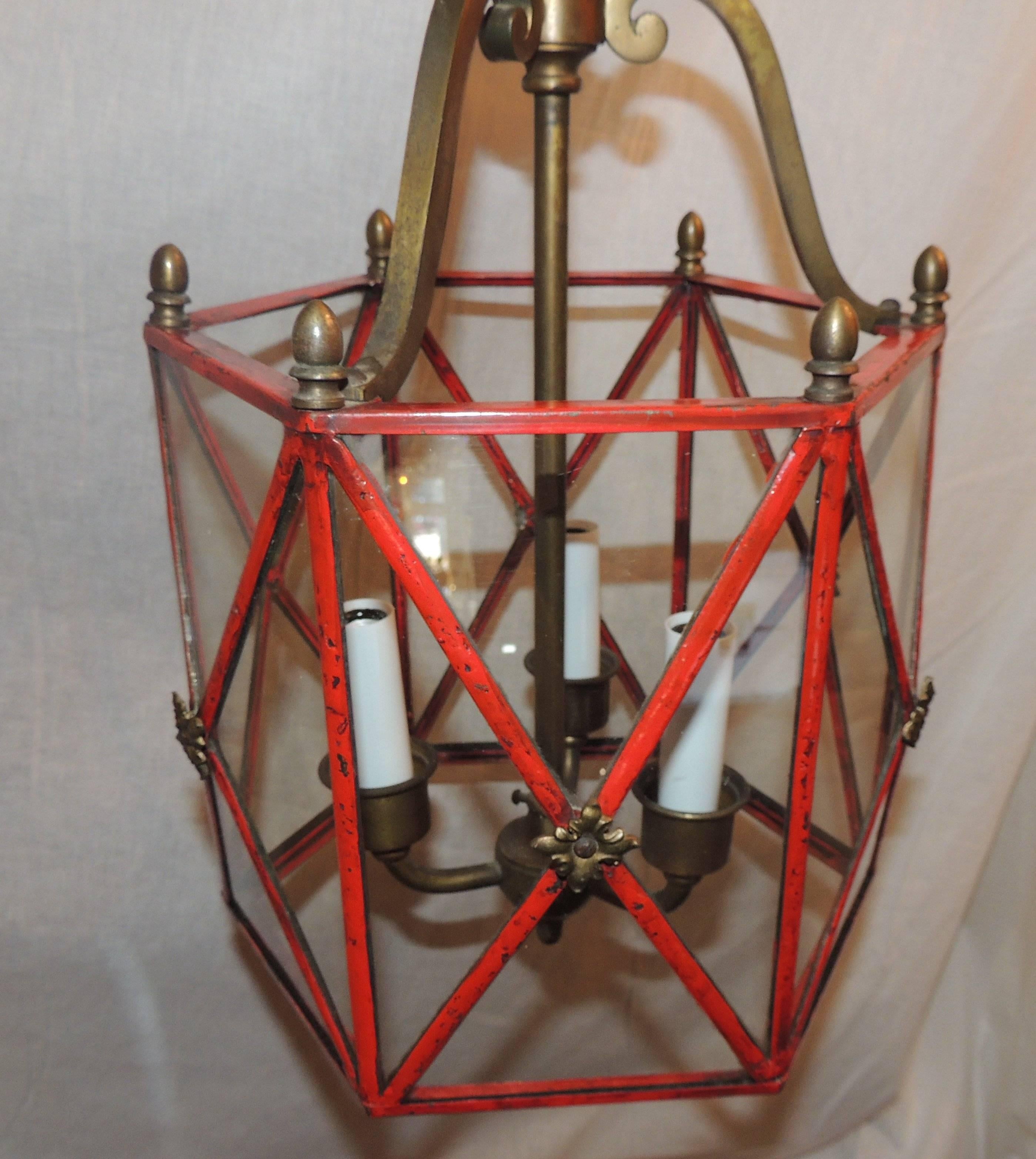 Italian Wonderful Petite Red Gilt Bronze Hexagon Panel Lantern Fixture 3 Lights Pendent