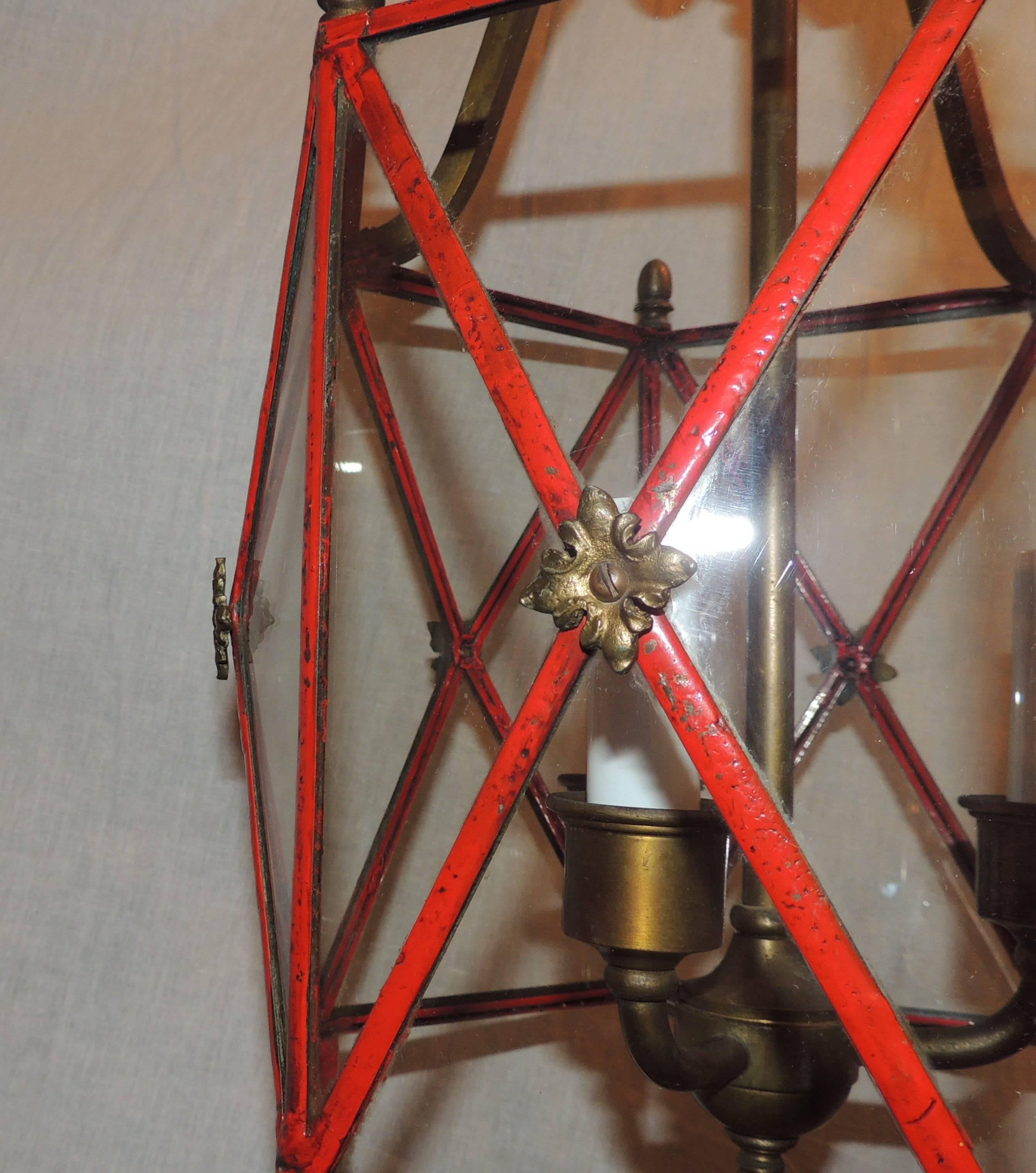 Regency Wonderful Petite Red Gilt Bronze Hexagon Panel Lantern Fixture 3 Lights Pendent