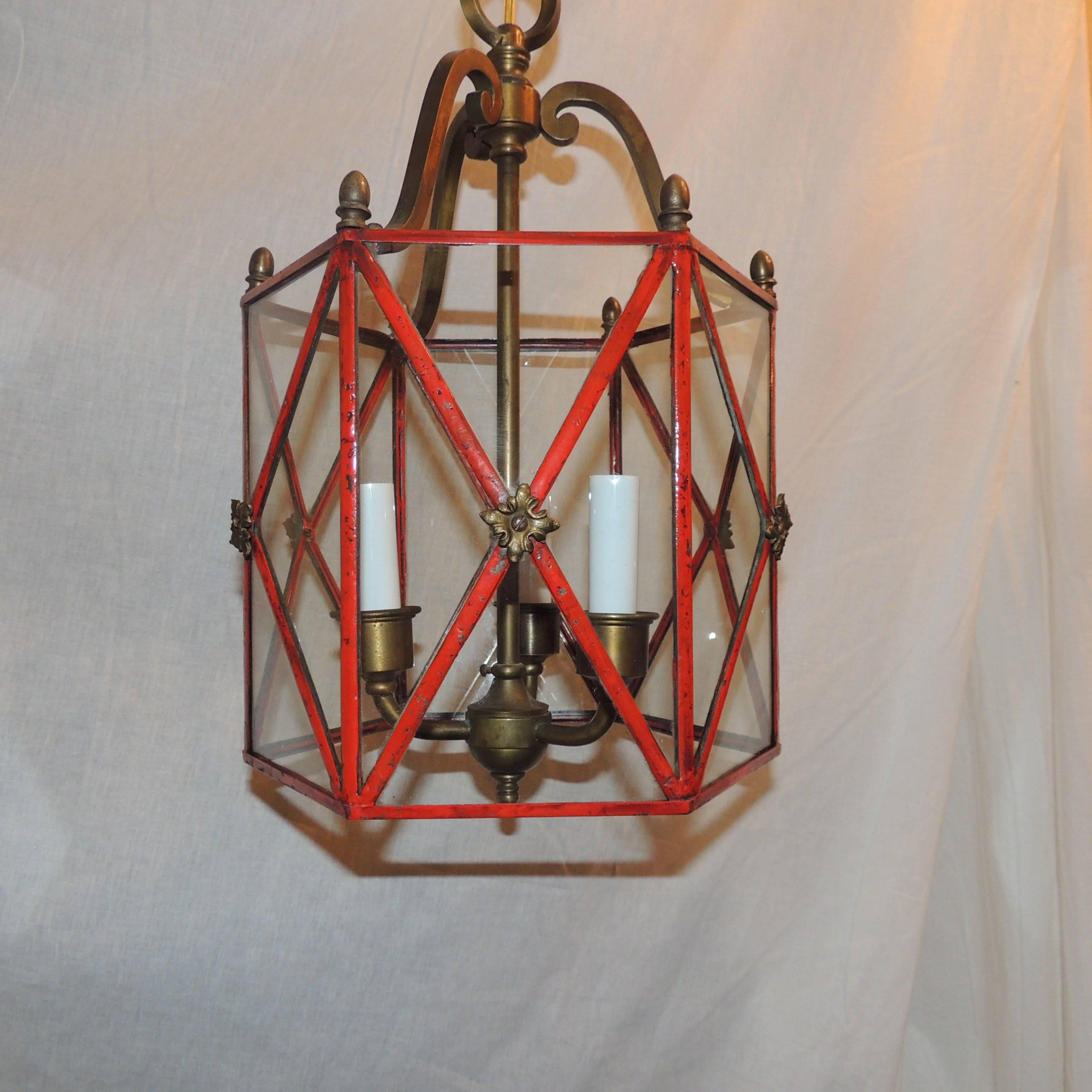 Mid-20th Century Wonderful Petite Red Gilt Bronze Hexagon Panel Lantern Fixture 3 Lights Pendent