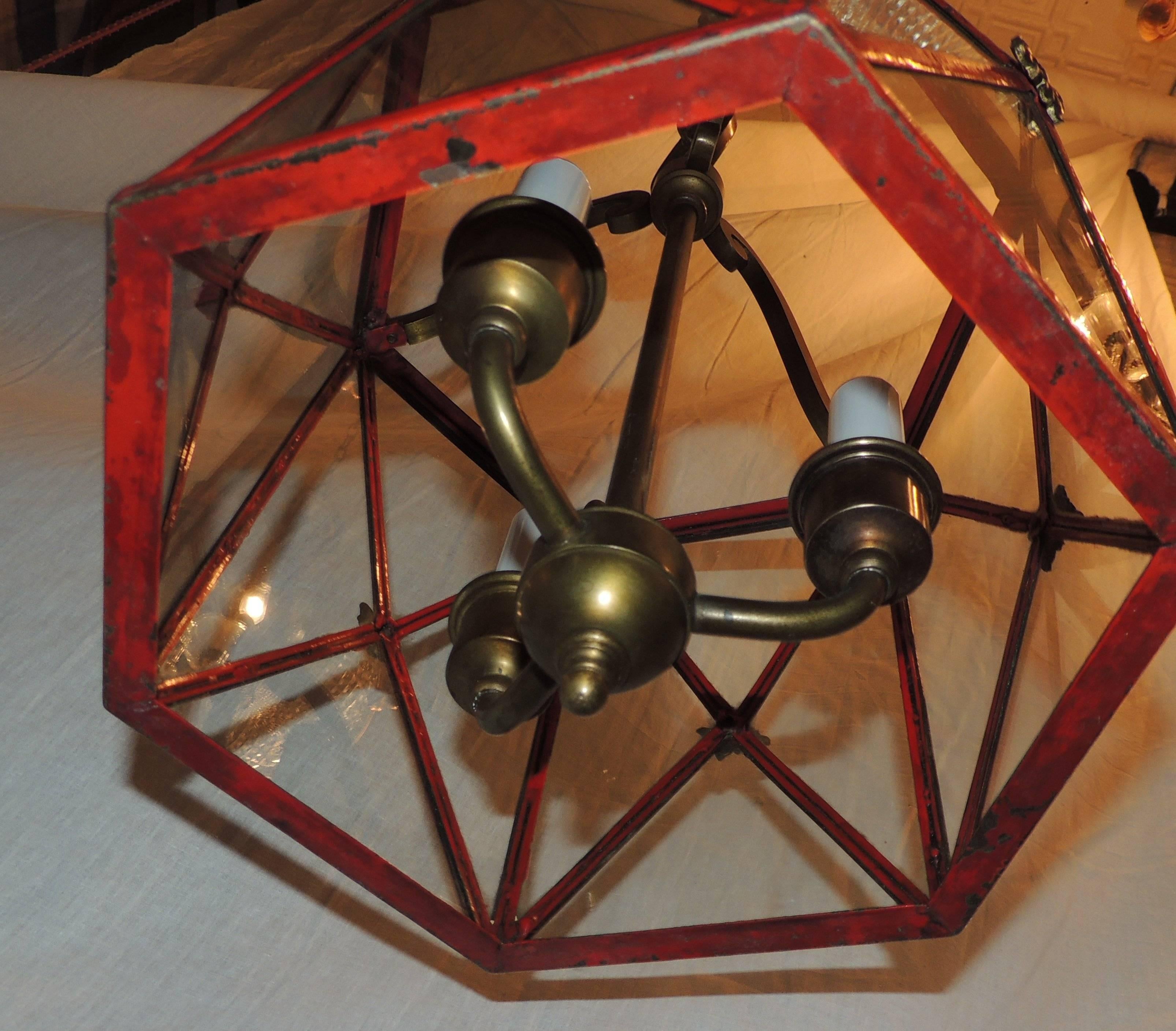 Metal Wonderful Petite Red Gilt Bronze Hexagon Panel Lantern Fixture 3 Lights Pendent