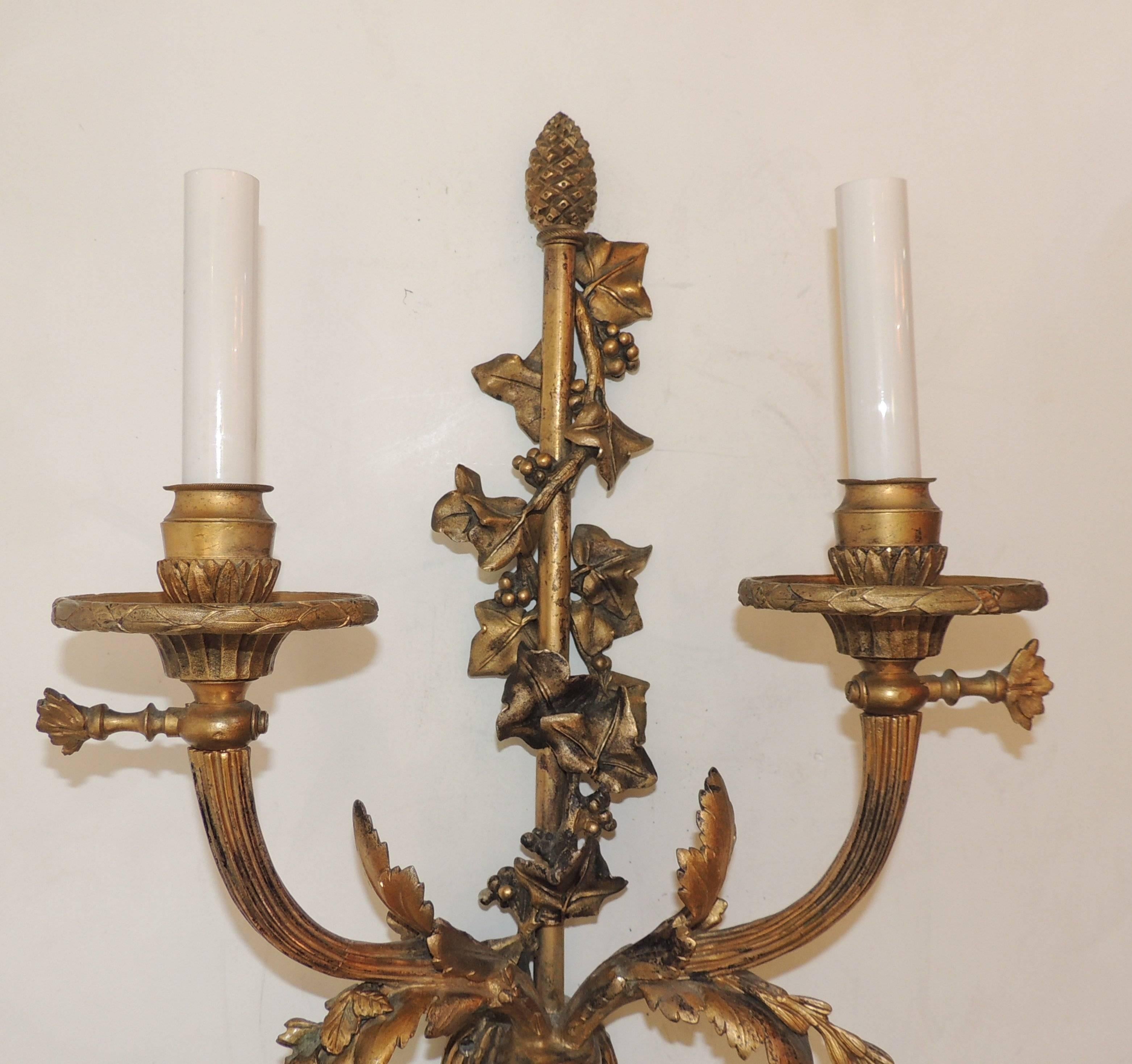 Neoclassical Wonderful Pair French Gilt Doré Bronze Filigree Ribbon Tassel Two-Light Sconces