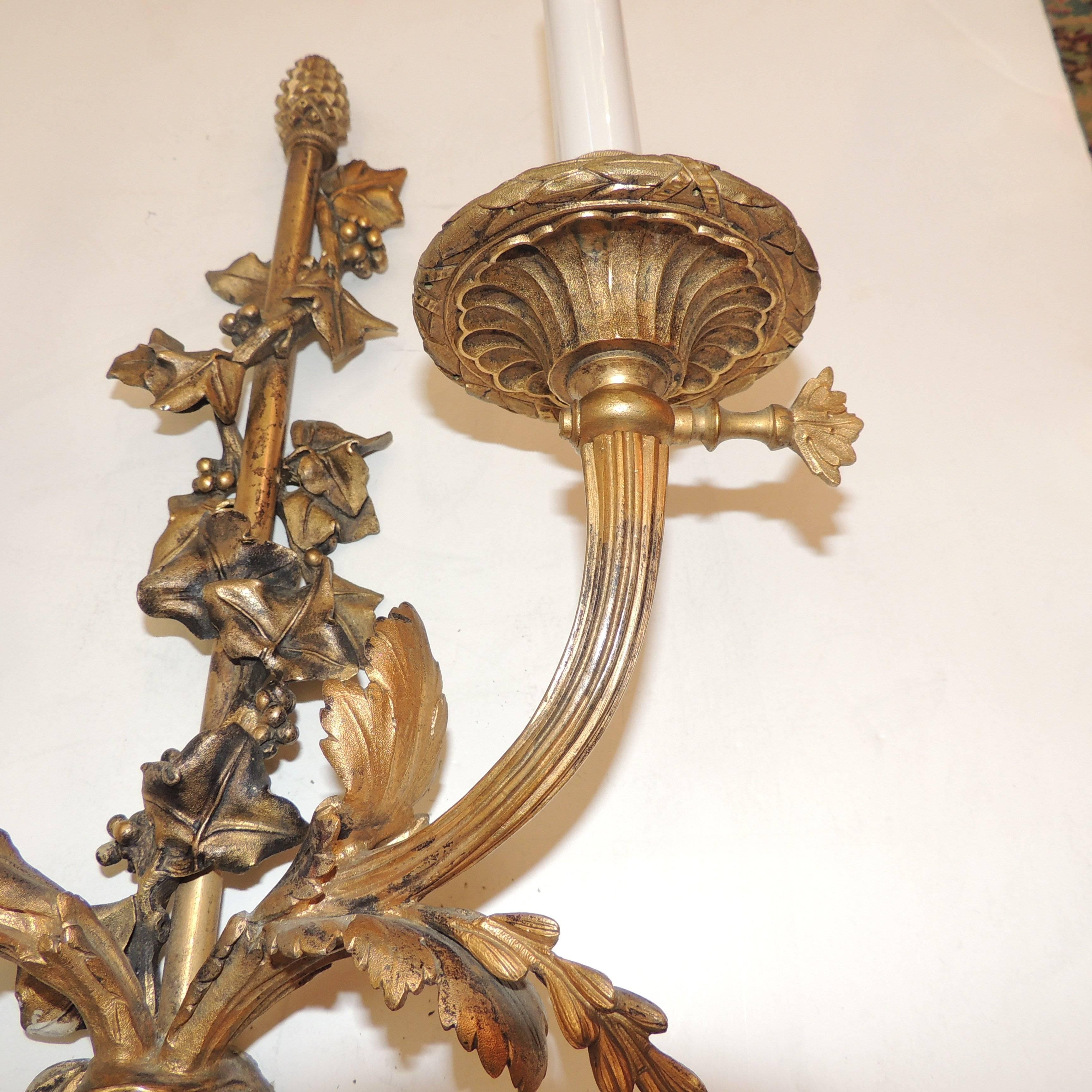 Wonderful Pair French Gilt Doré Bronze Filigree Ribbon Tassel Two-Light Sconces 3