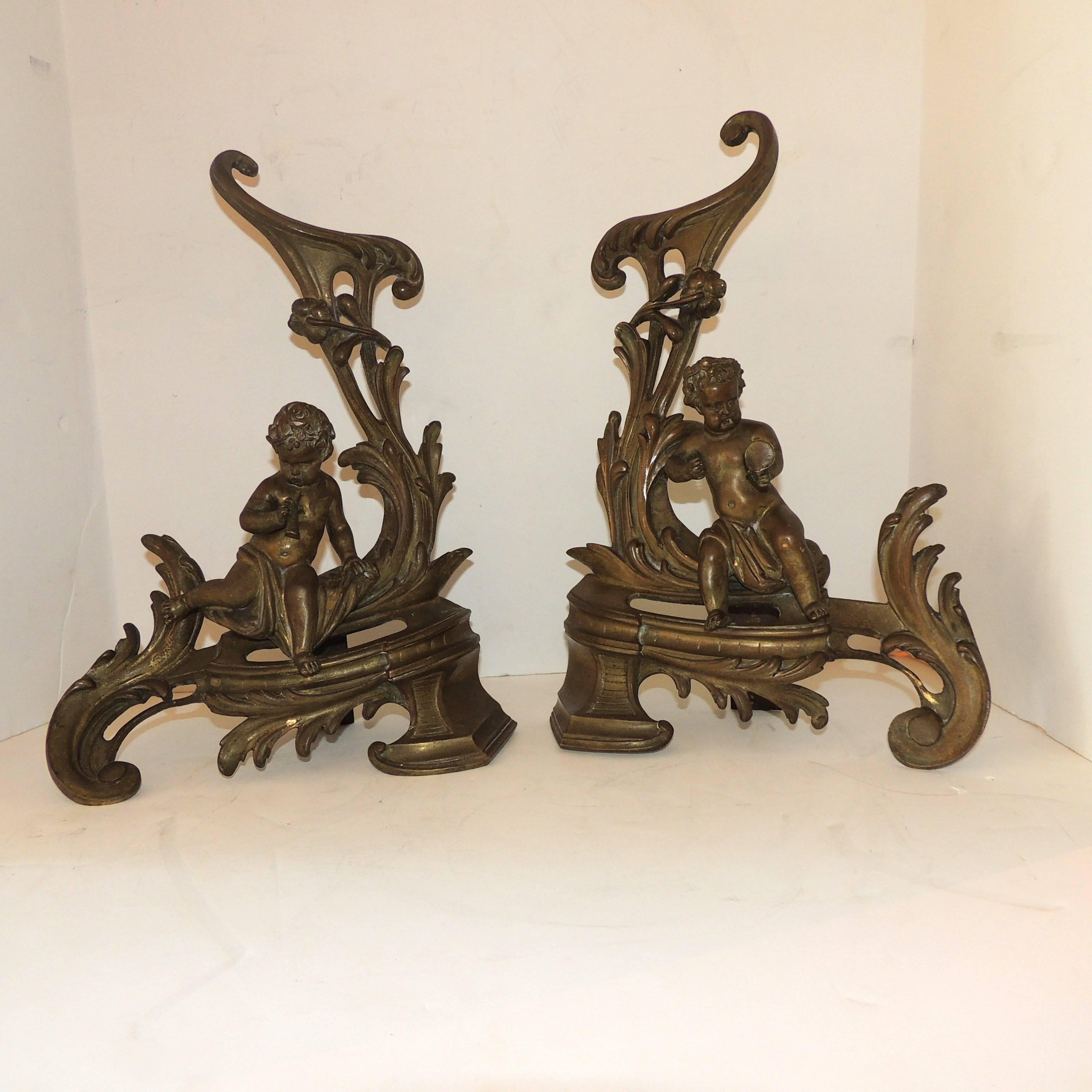 Belle Époque Wonderful French Gilt Bronze Cherub Putti Fireplace Fireplace Chenets Andirons For Sale