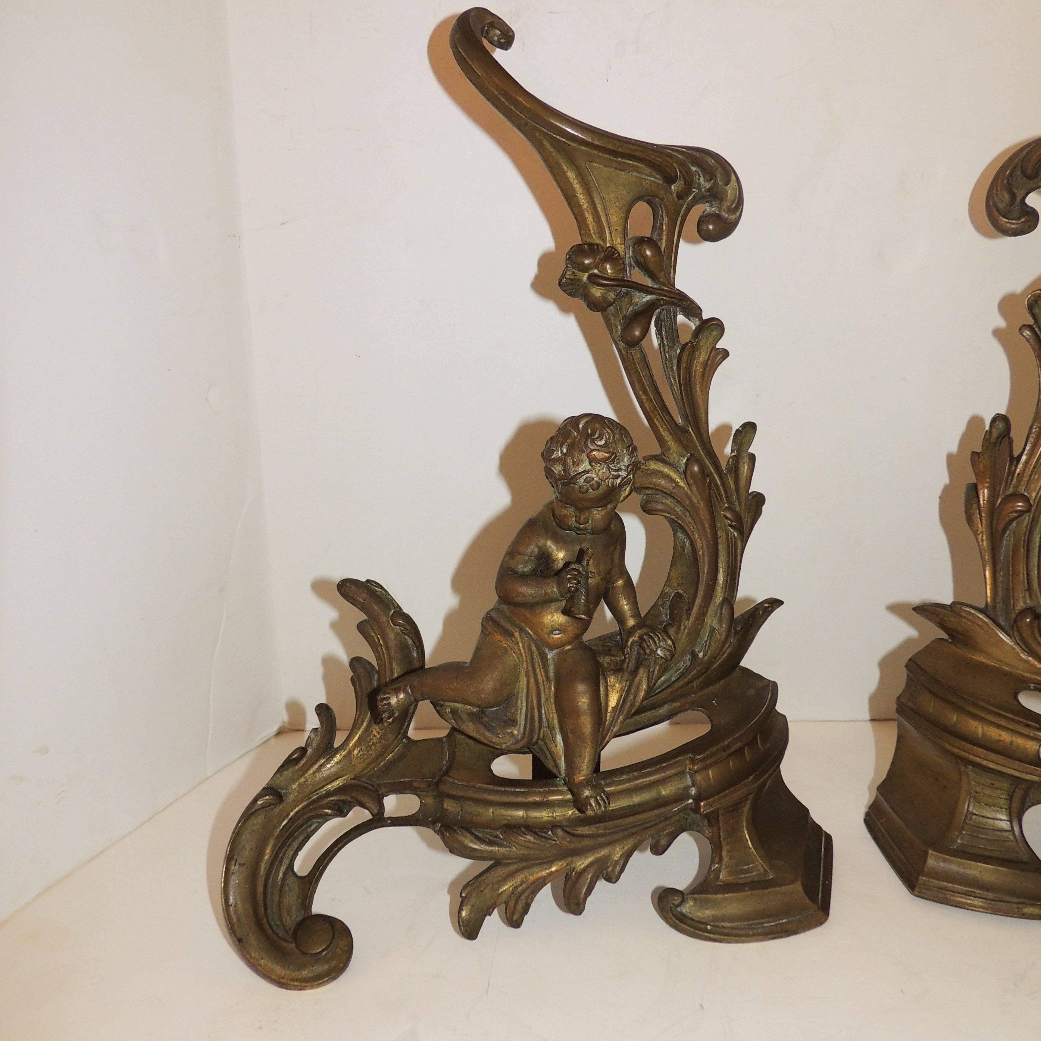 Wonderful French Gilt Bronze Cherub Putti Fireplace Fireplace Chenets Andirons In Good Condition For Sale In Roslyn, NY