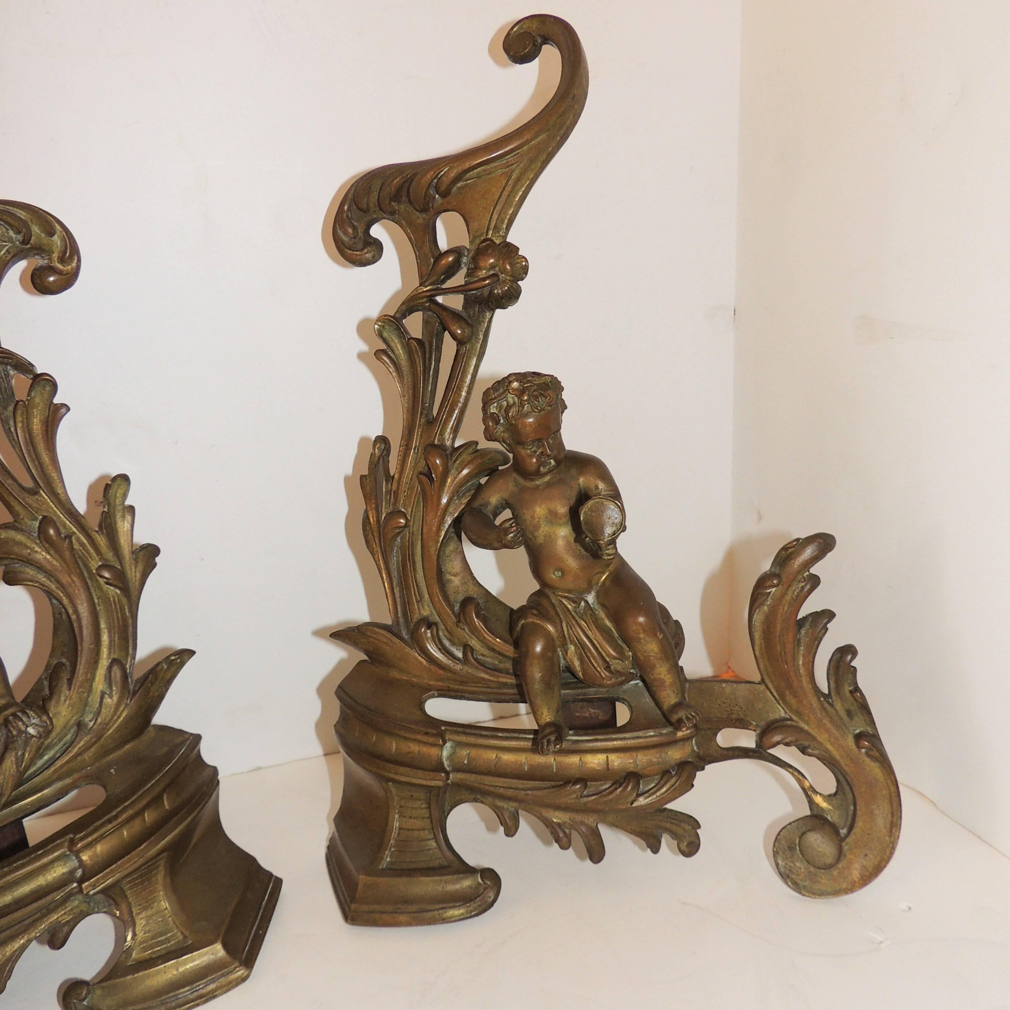 Mid-20th Century Wonderful French Gilt Bronze Cherub Putti Fireplace Fireplace Chenets Andirons For Sale