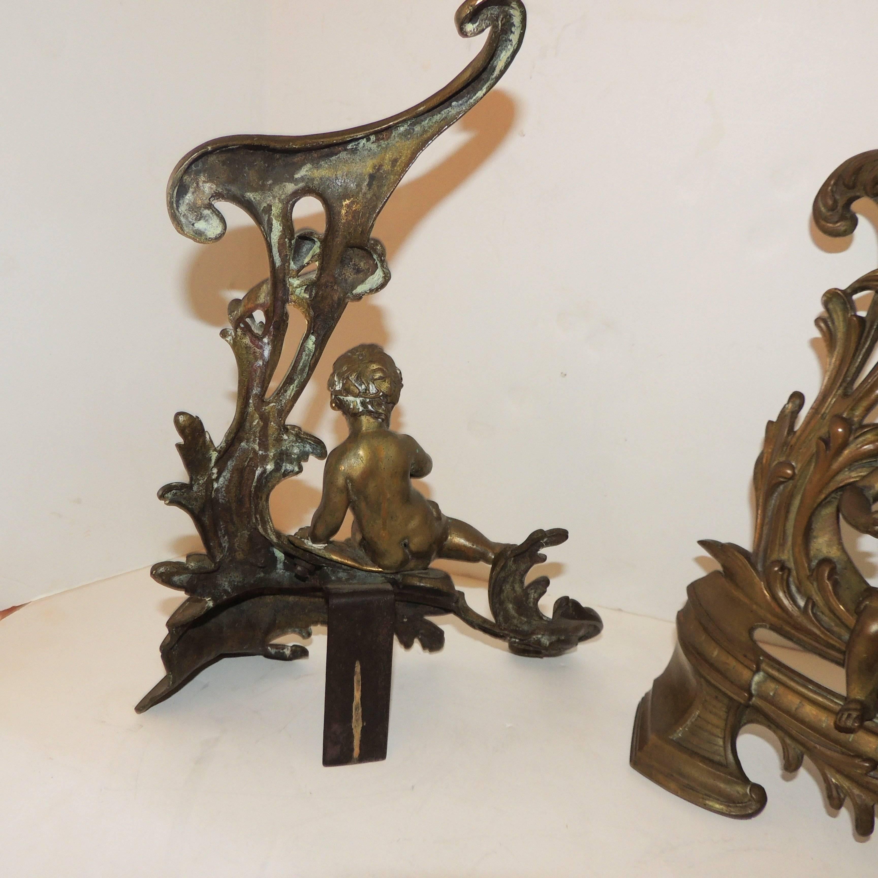 Wonderful French Gilt Bronze Cherub Putti Fireplace Fireplace Chenets Andirons For Sale 1