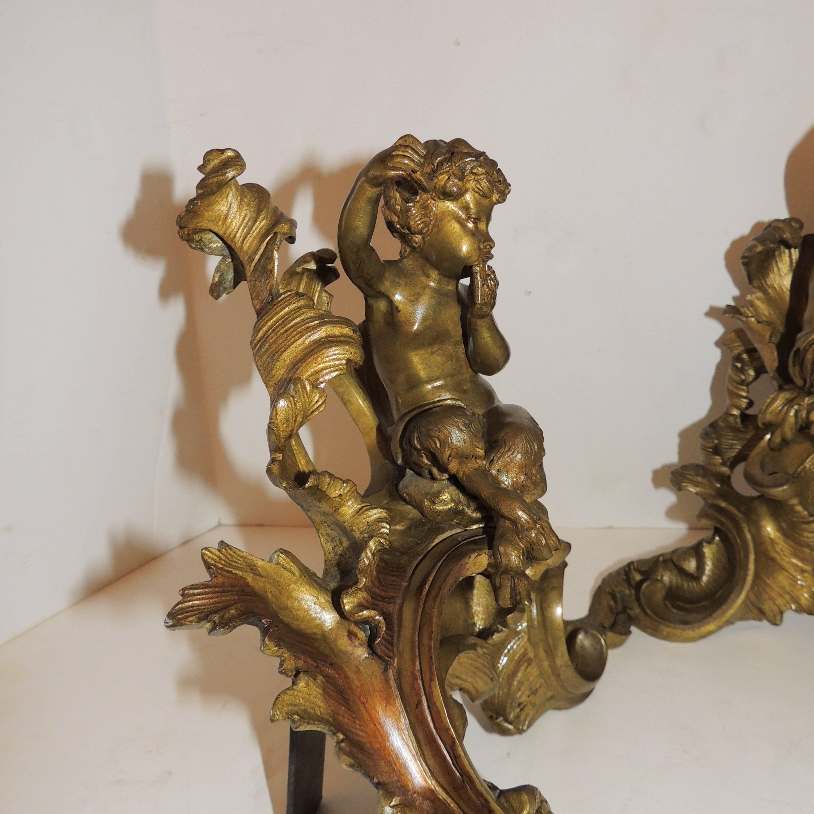 Early 20th Century Wonderful French Gilt Bronze Cherub Putti Fireplace Fire Place Chenets Andirons For Sale
