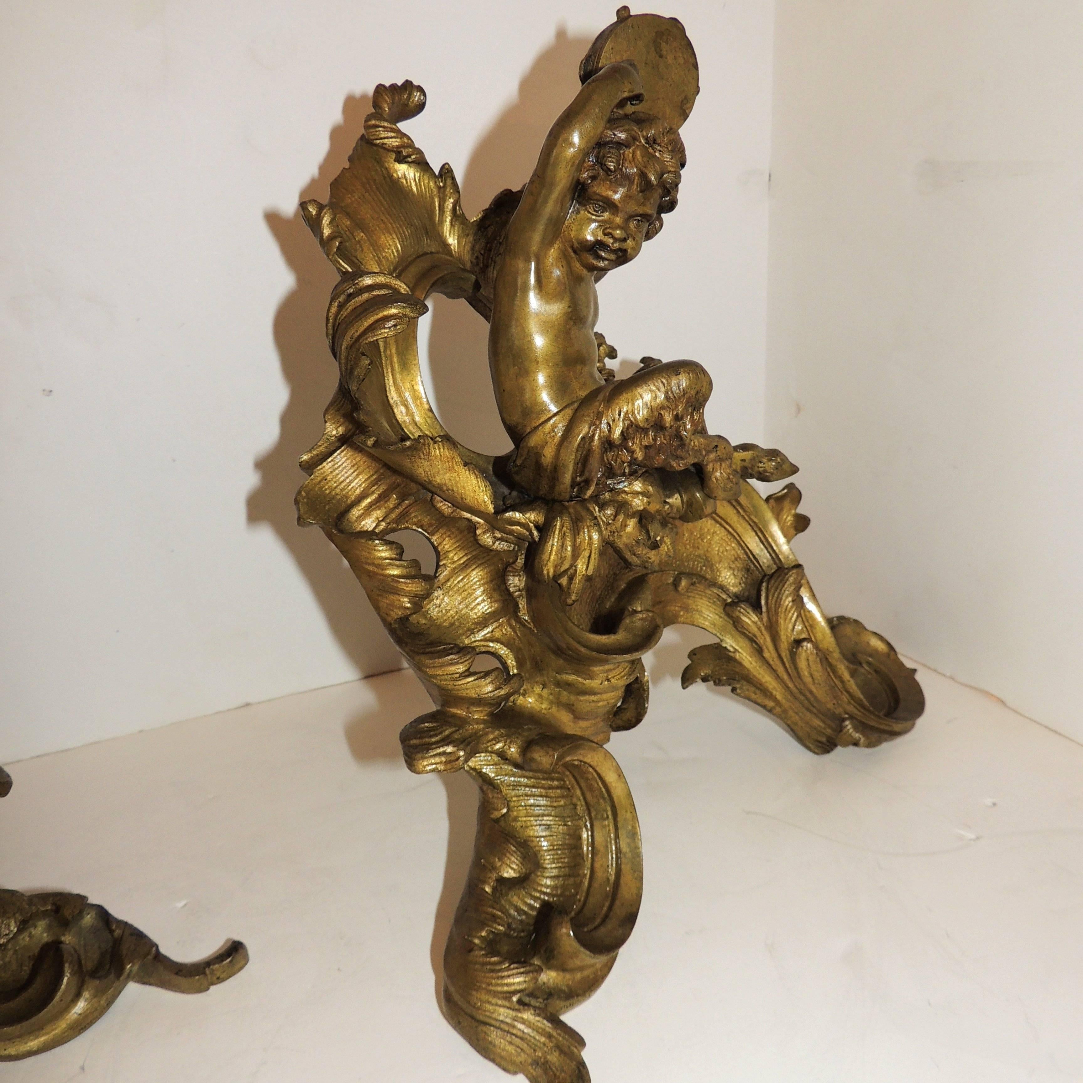 Wonderful French Gilt Bronze Cherub Putti Fireplace Fire Place Chenets Andirons For Sale 1