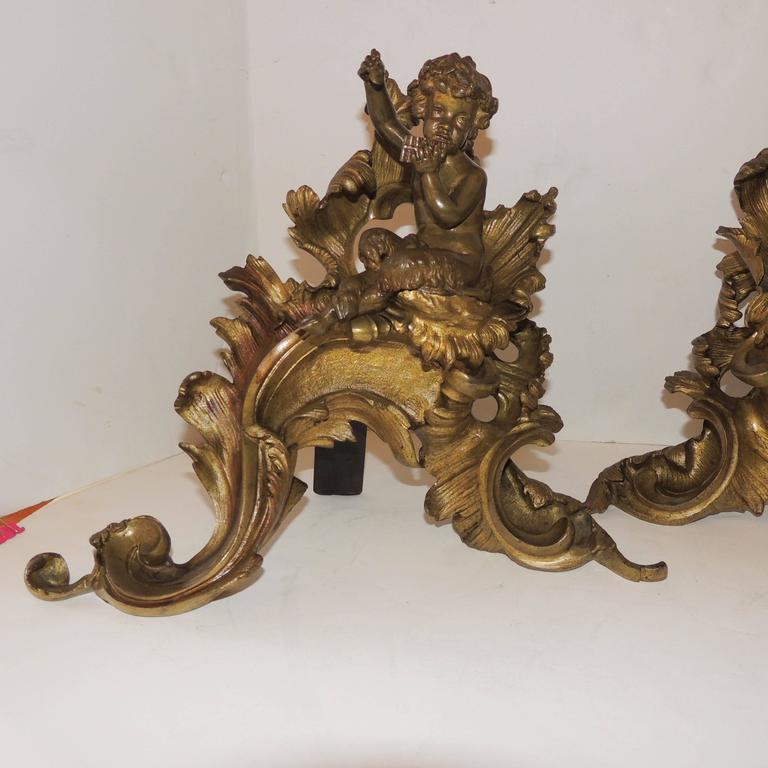 Wonderful French Gilt Bronze Cherub Putti Fireplace Fire Place Chenets ...