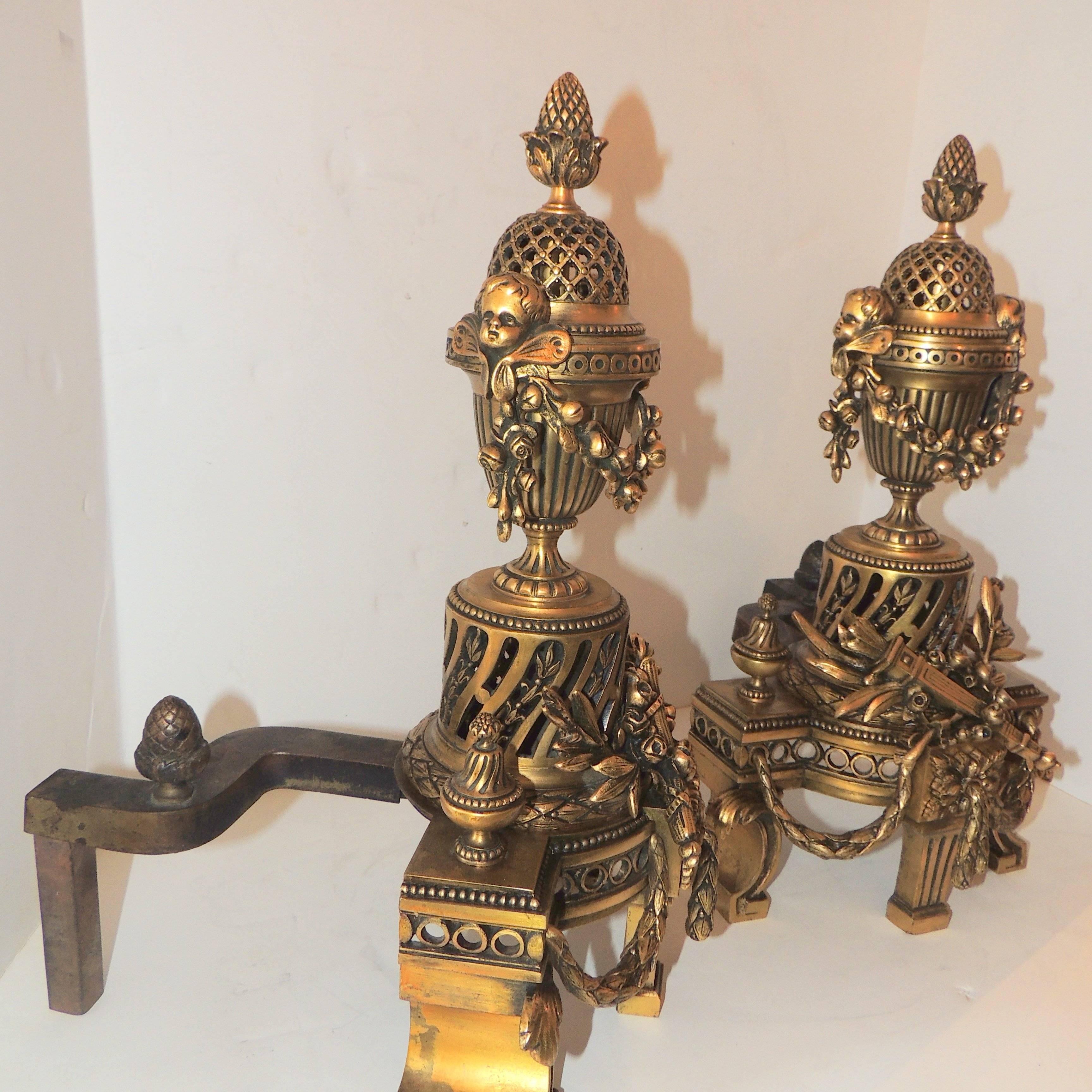 Wonderful French Gilt Bronze Neoclassical Fireplace Fire Place Chenets Andirons 3