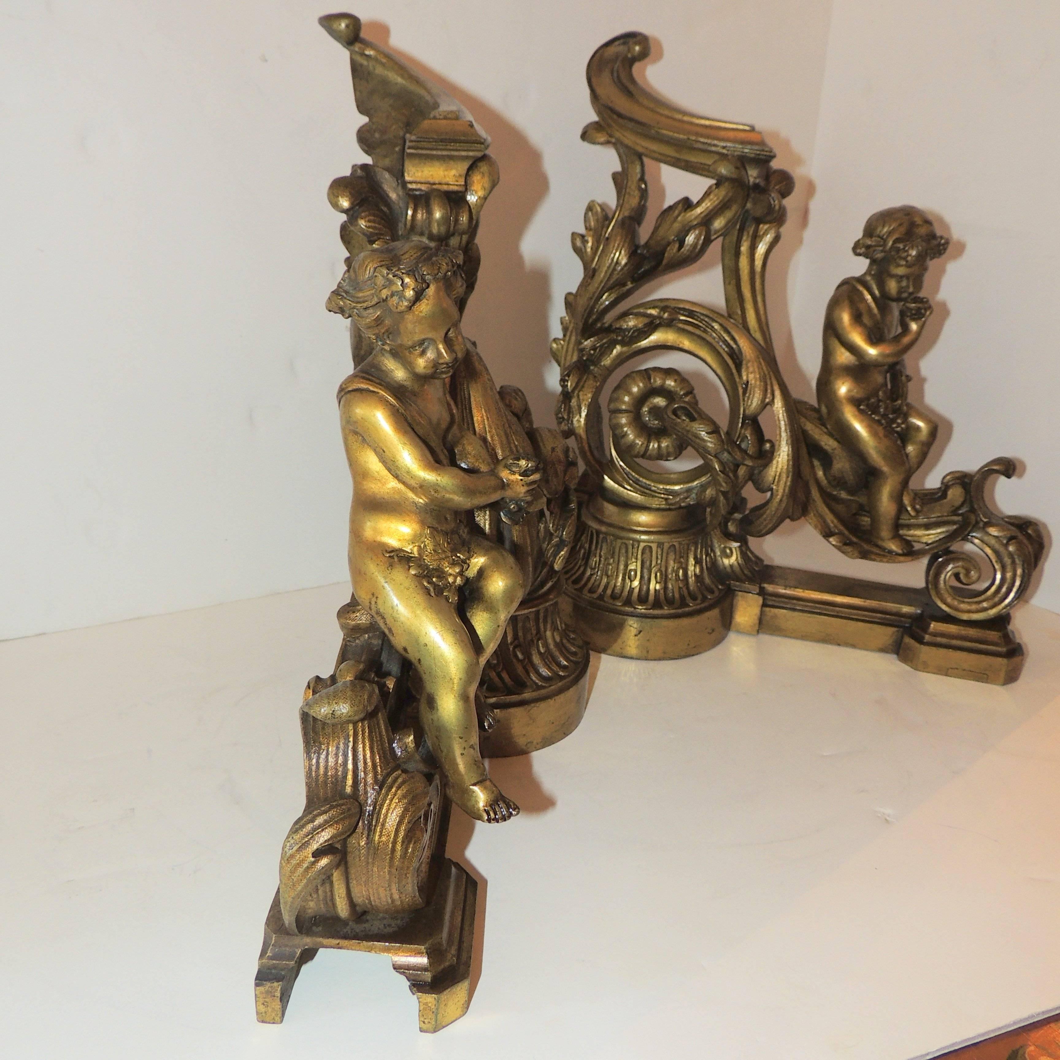 Wonderful French Gilt Bronze Cherub Putti Fireplace Fire Place Chenets Andirons In Good Condition For Sale In Roslyn, NY