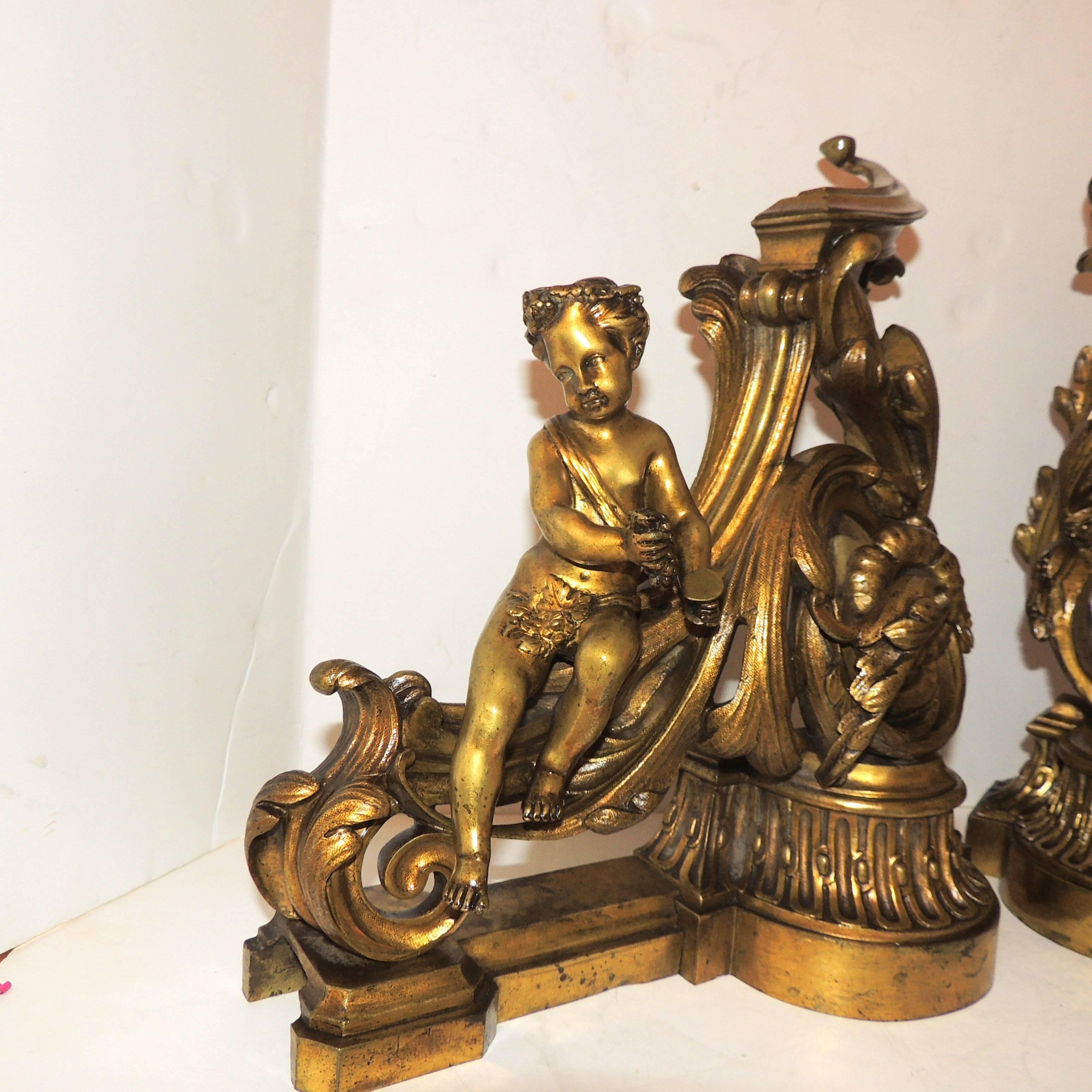 Early 20th Century Wonderful French Gilt Bronze Cherub Putti Fireplace Fire Place Chenets Andirons For Sale