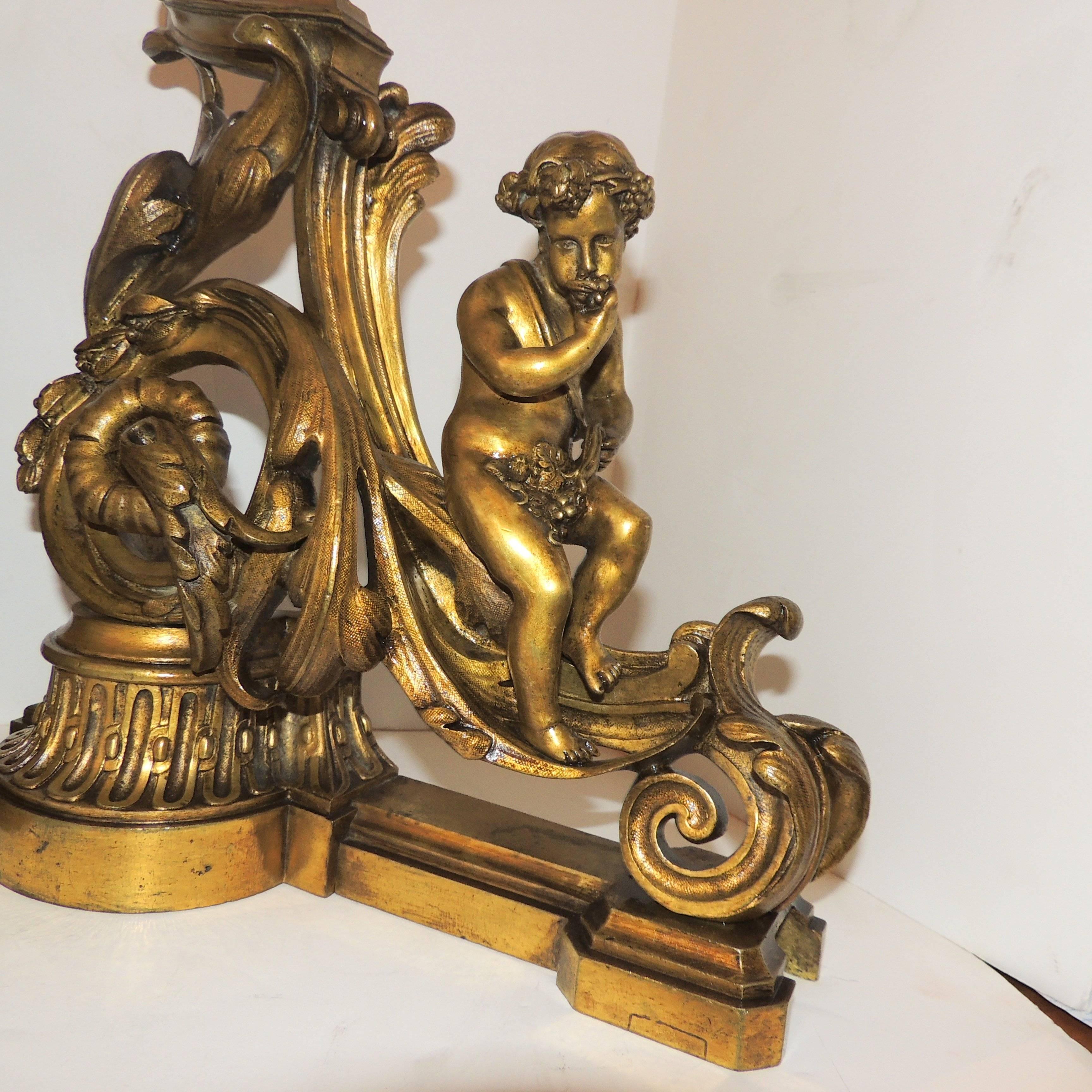 Wonderful French Gilt Bronze Cherub Putti Fireplace Fire Place Chenets Andirons For Sale 1