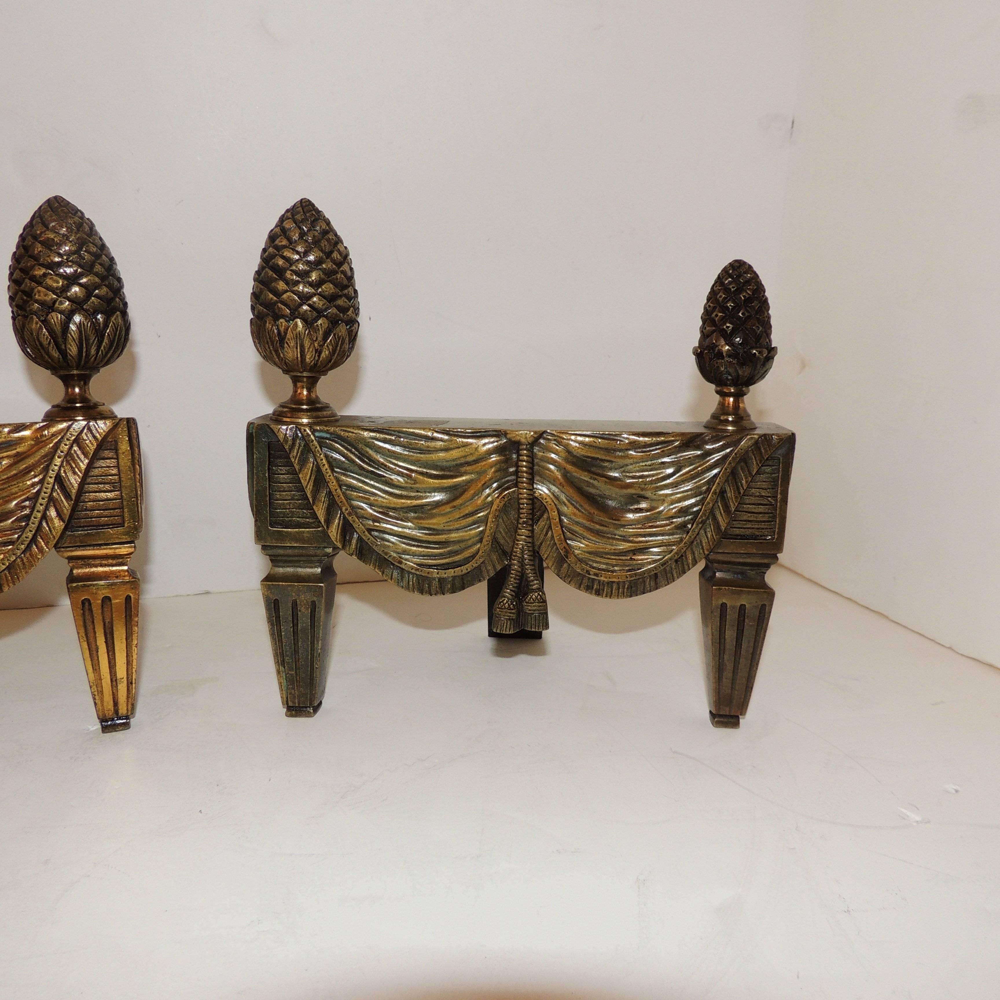 Wonderful French Bronze Neoclassical Fireplace Draped Fabric Chenets Andirons In Good Condition For Sale In Roslyn, NY