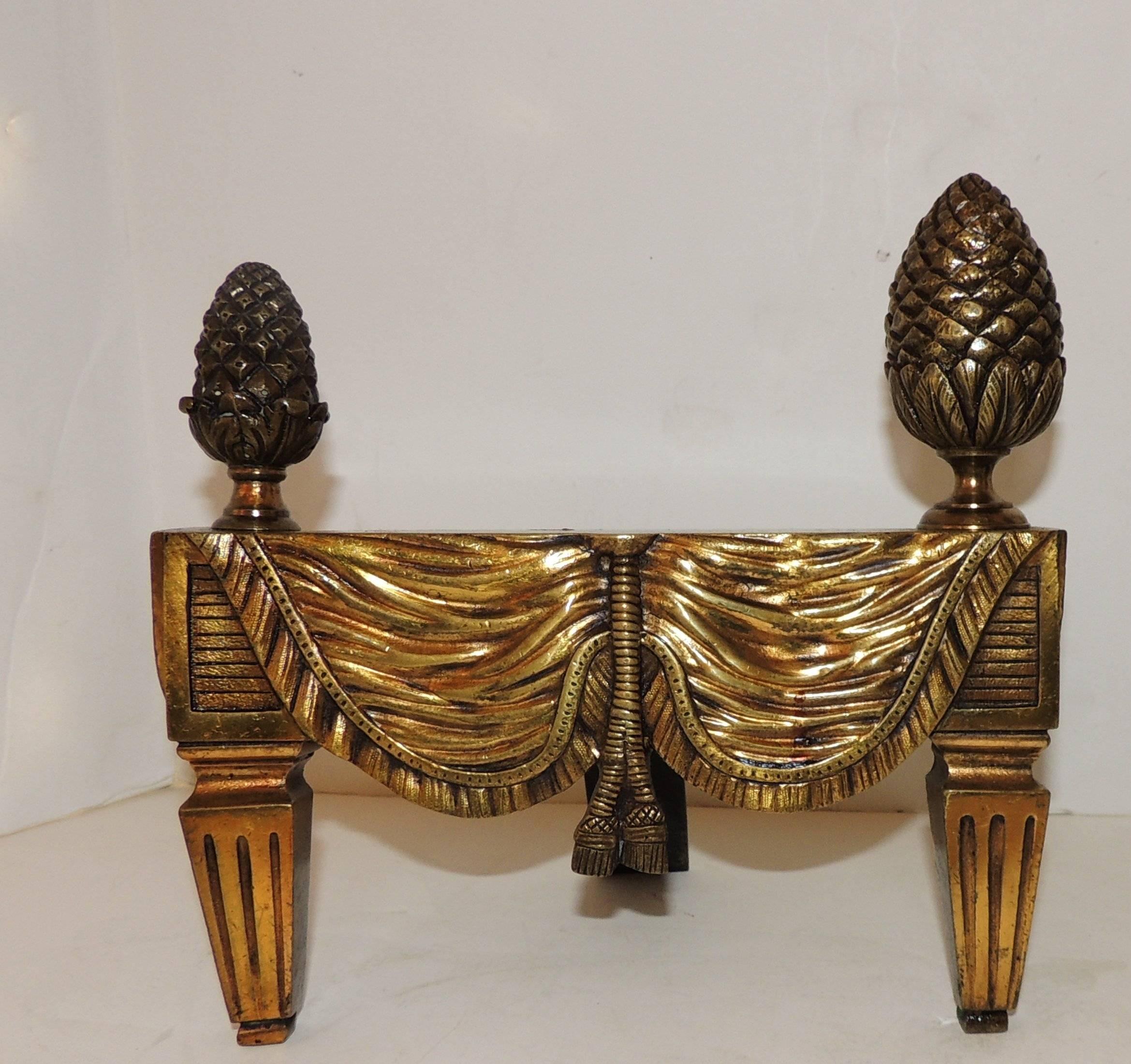 Gilt Wonderful French Bronze Neoclassical Fireplace Draped Fabric Chenets Andirons For Sale
