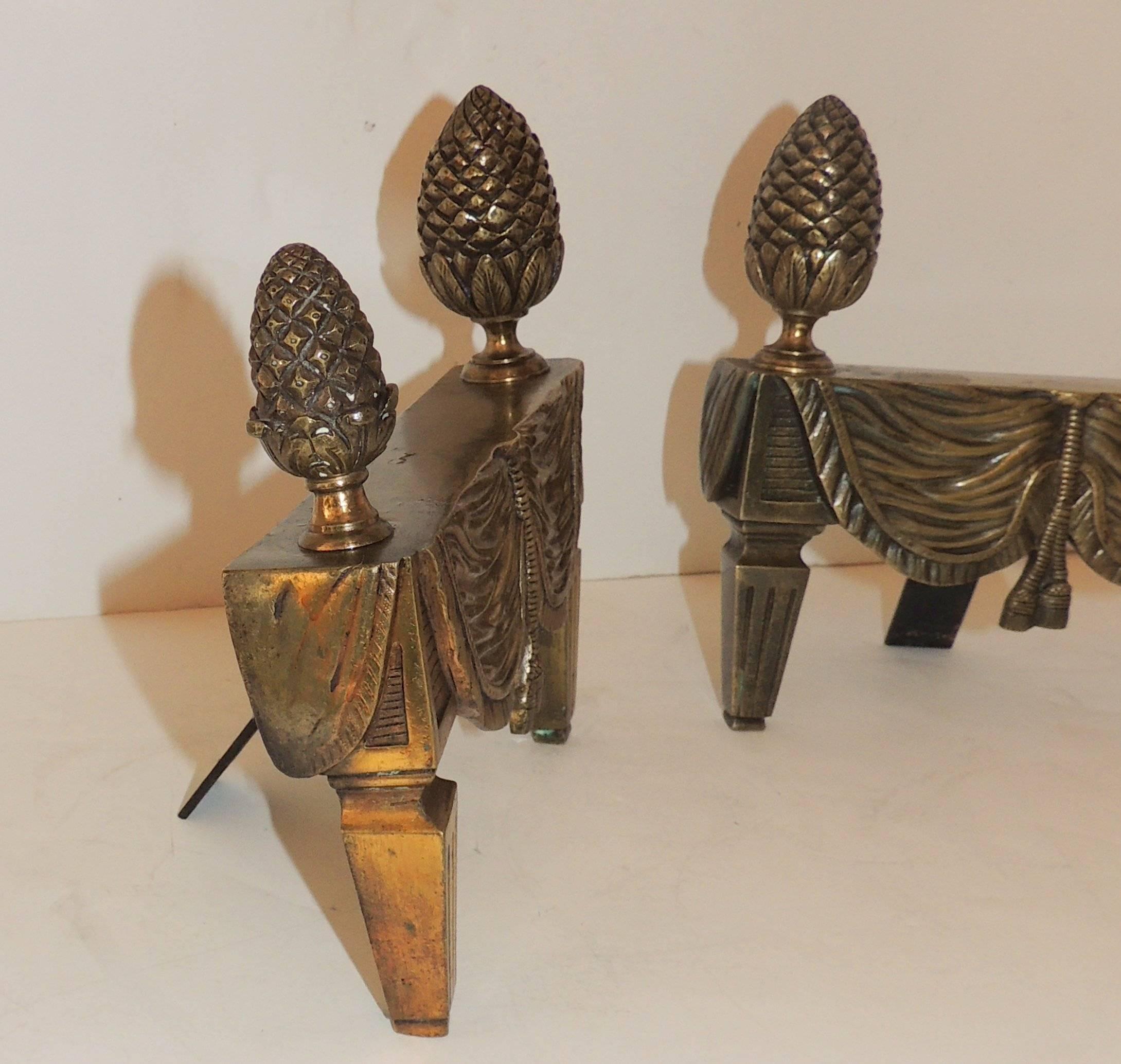 Mid-20th Century Wonderful French Bronze Neoclassical Fireplace Draped Fabric Chenets Andirons For Sale