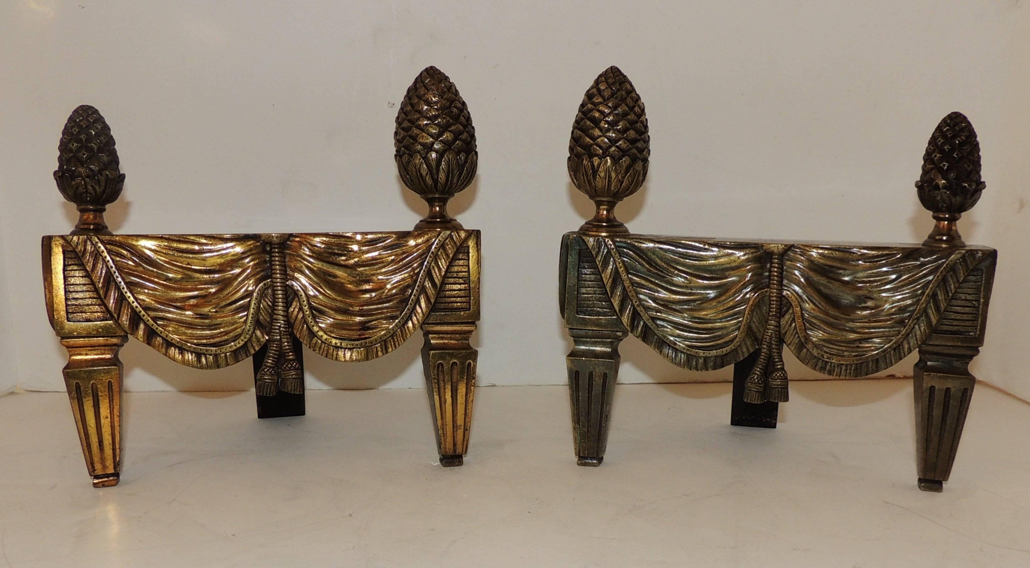 Wonderful French bronze neoclassical fireplace draped fabric chenets andirons finished by Large Acorn finials.

Measures: 8" H x 8.5" W x4" D.

 