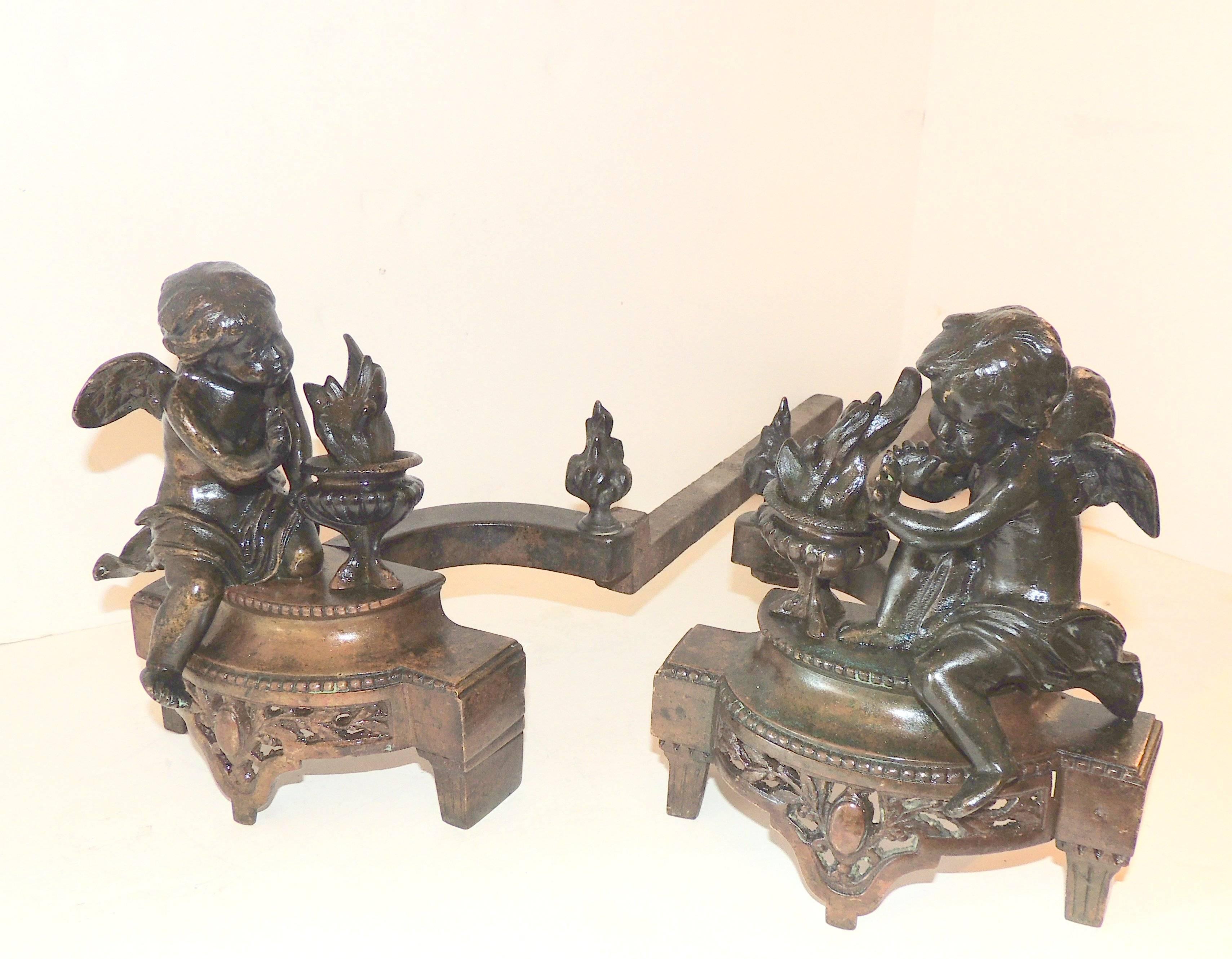 Early 20th Century Wonderful French Empire Bronze Regency Fireplace Putti Cherubs Chenets Andirons For Sale