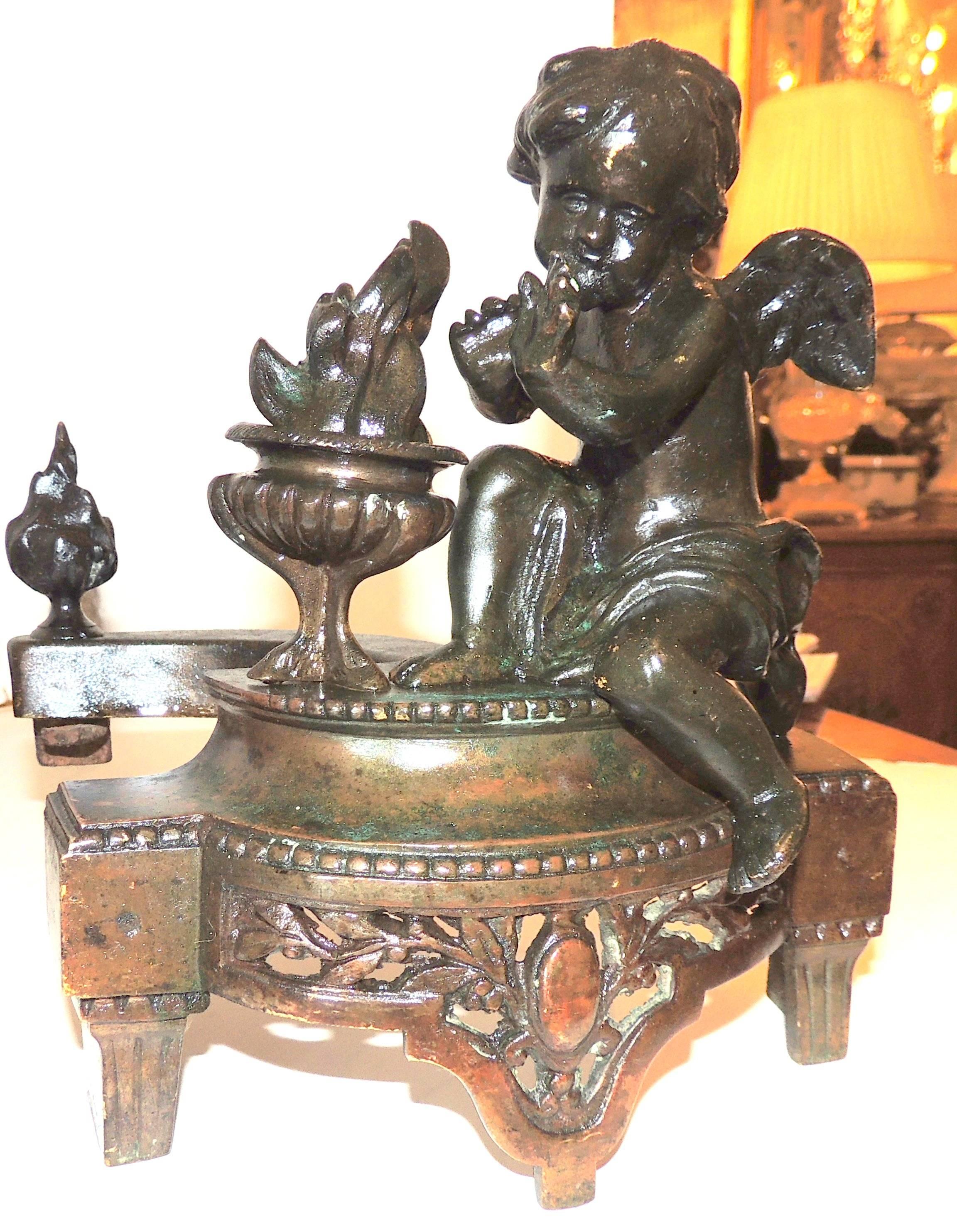 Wonderful French Empire Bronze Regency Fireplace Putti Cherubs Chenets Andirons For Sale 2