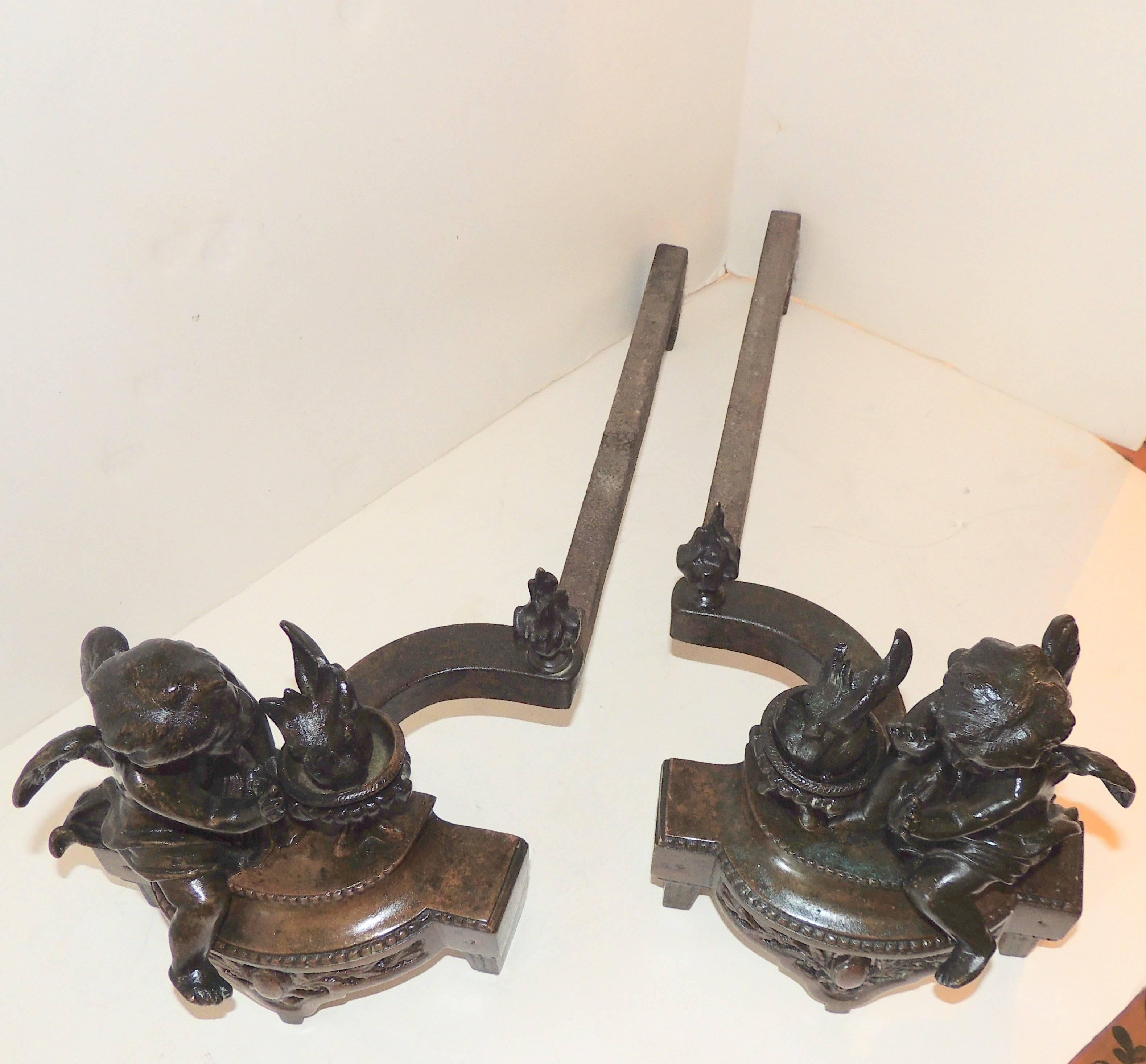 Wonderful French Empire Bronze Regency Fireplace Putti Cherubs Chenets Andirons For Sale 3