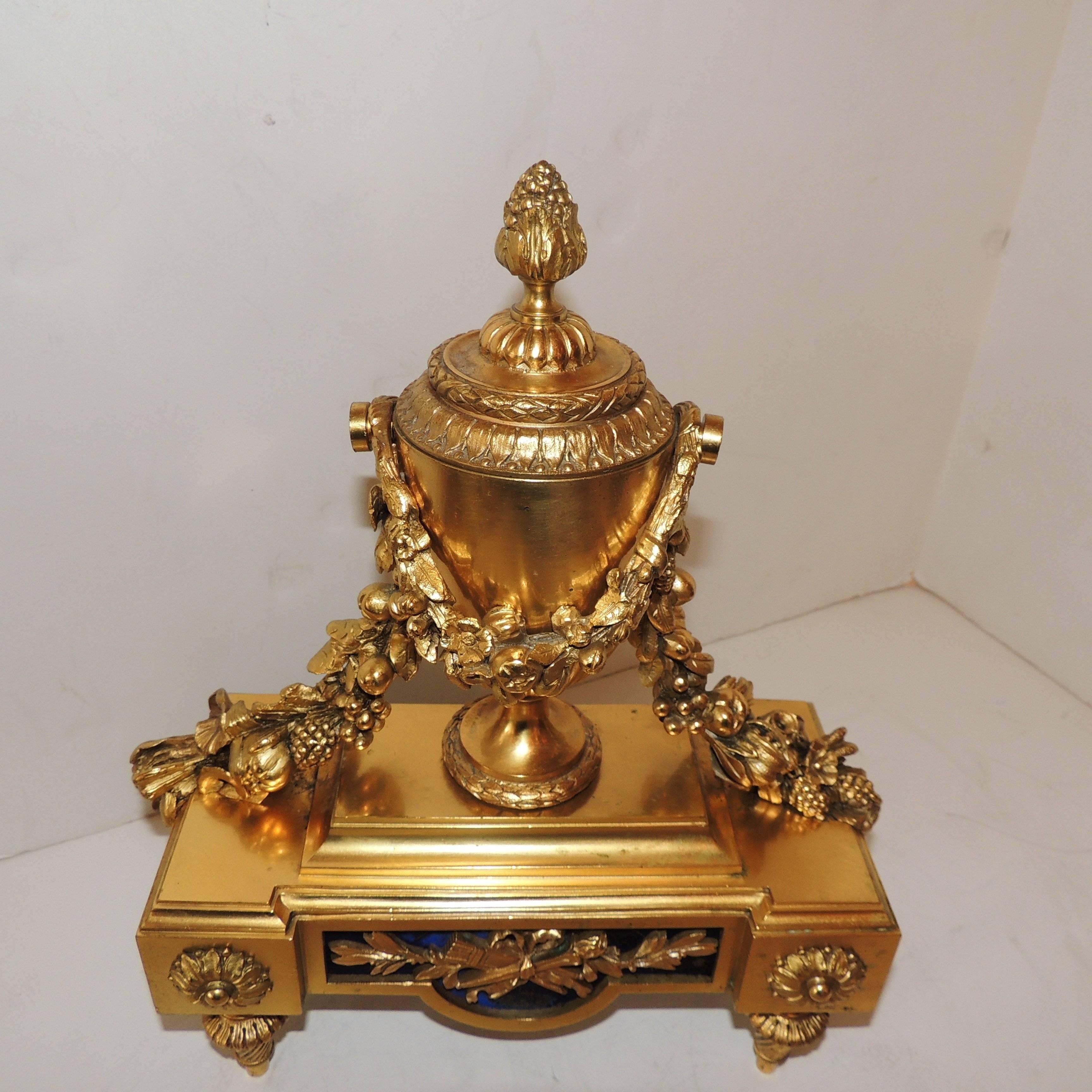 Gilt Wonderful French Pair Regency Empire Dore Bronze Chenets Urns Swag Andirons