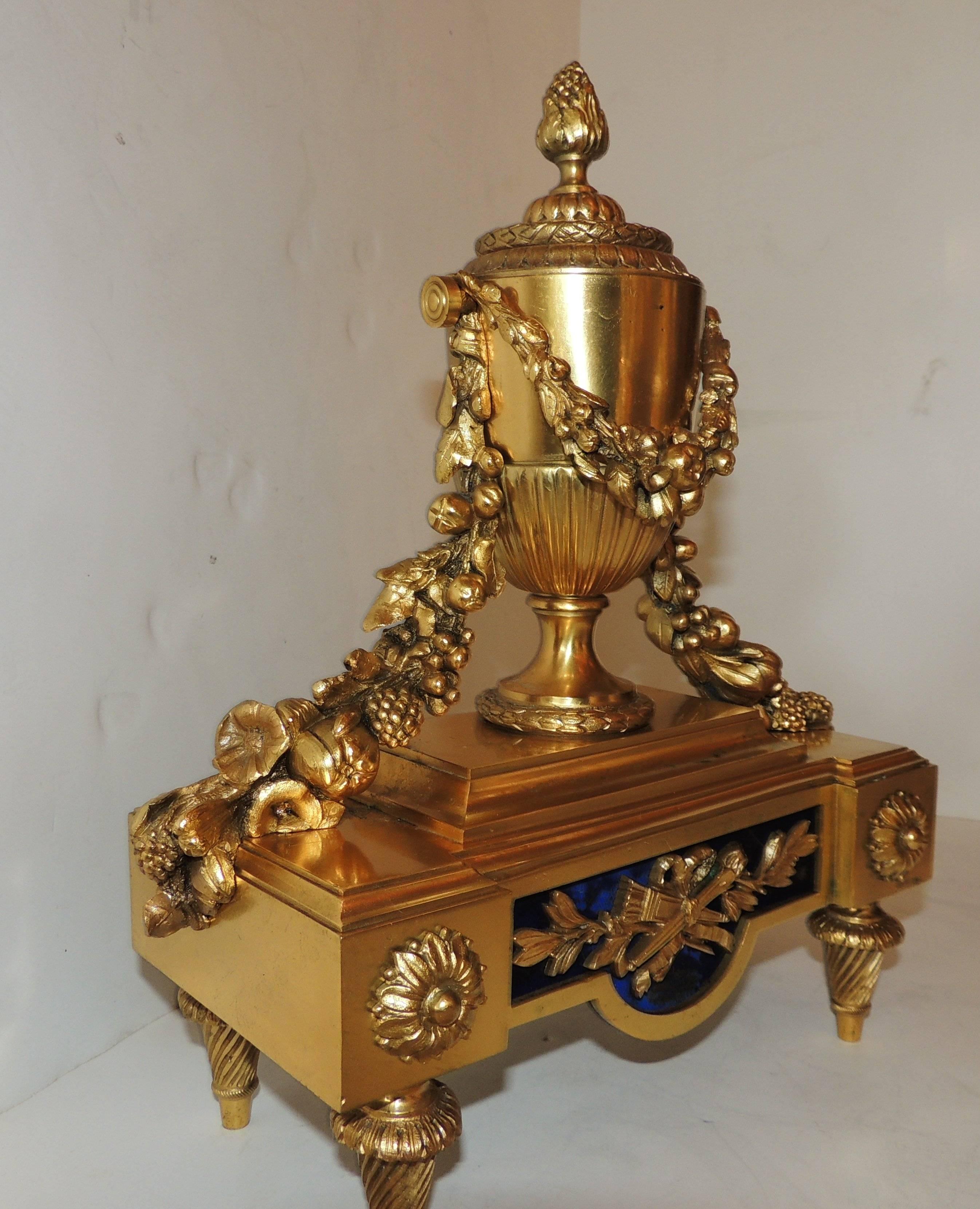 Wonderful French Pair Regency Empire Dore Bronze Chenets Urns Swag Andirons 1