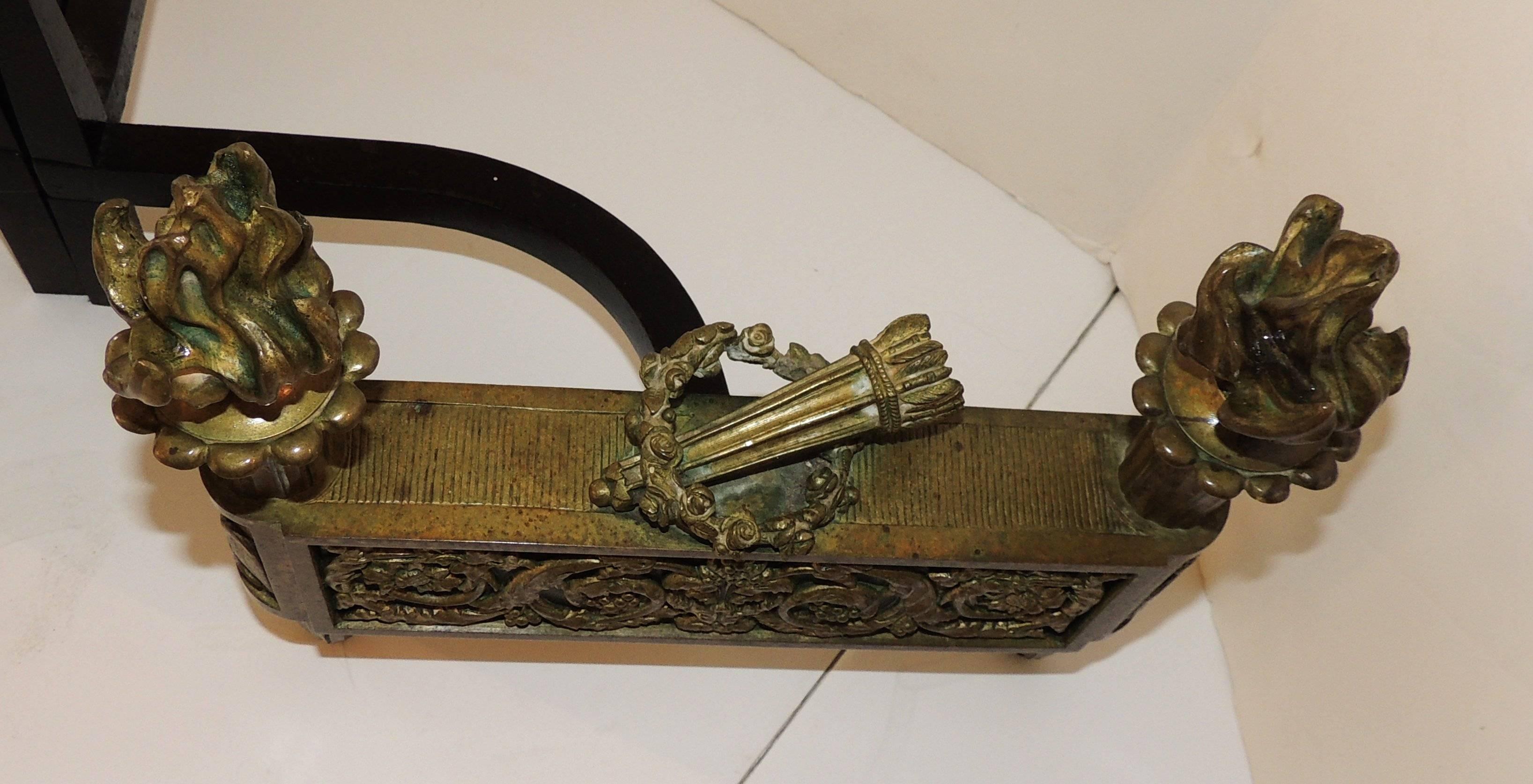 Wonderful French Neoclassical Gilt Dore Bronze with Black Marble Insert Chenets For Sale 2