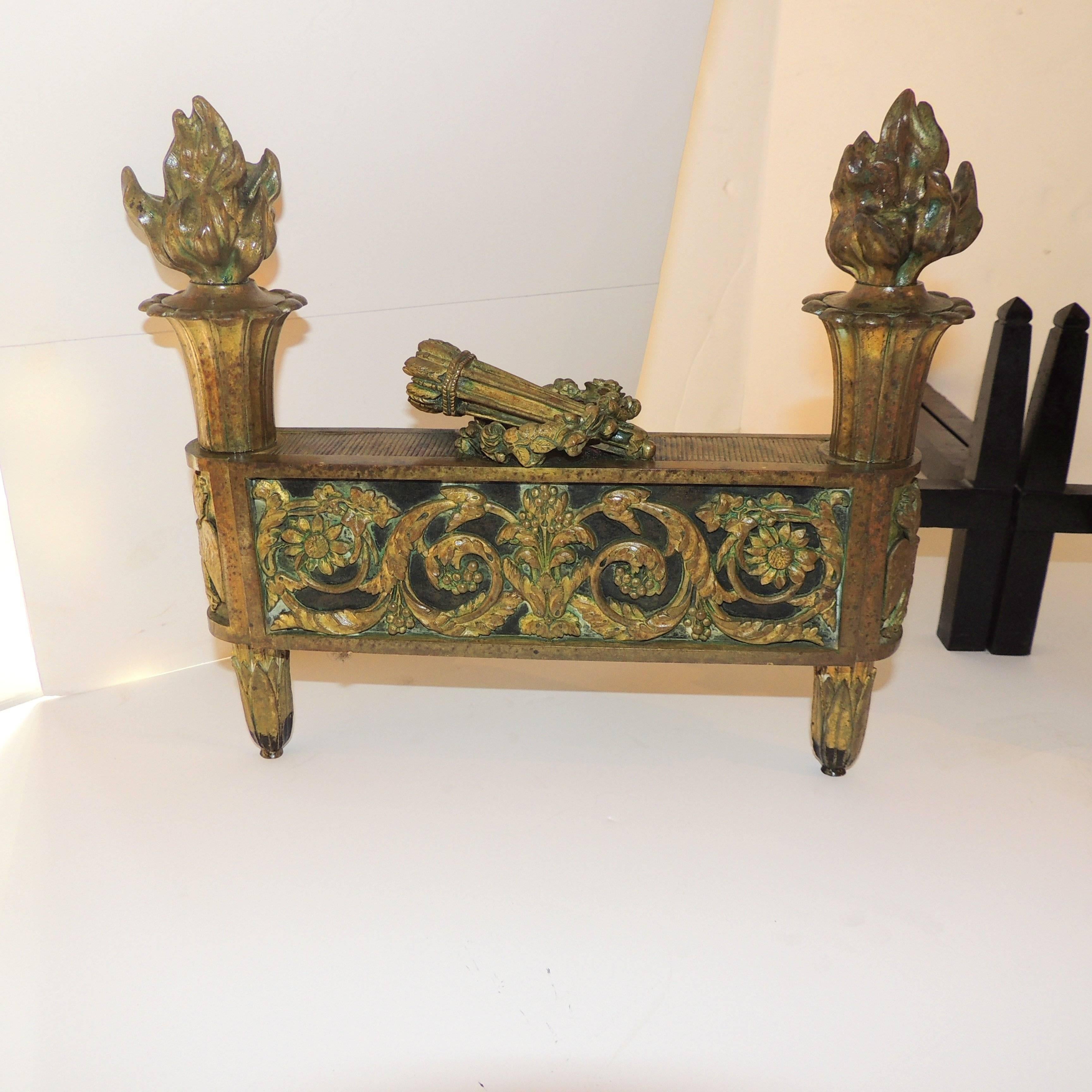 Wonderful French Neoclassical Gilt Dore Bronze with Black Marble Insert Chenets In Good Condition For Sale In Roslyn, NY