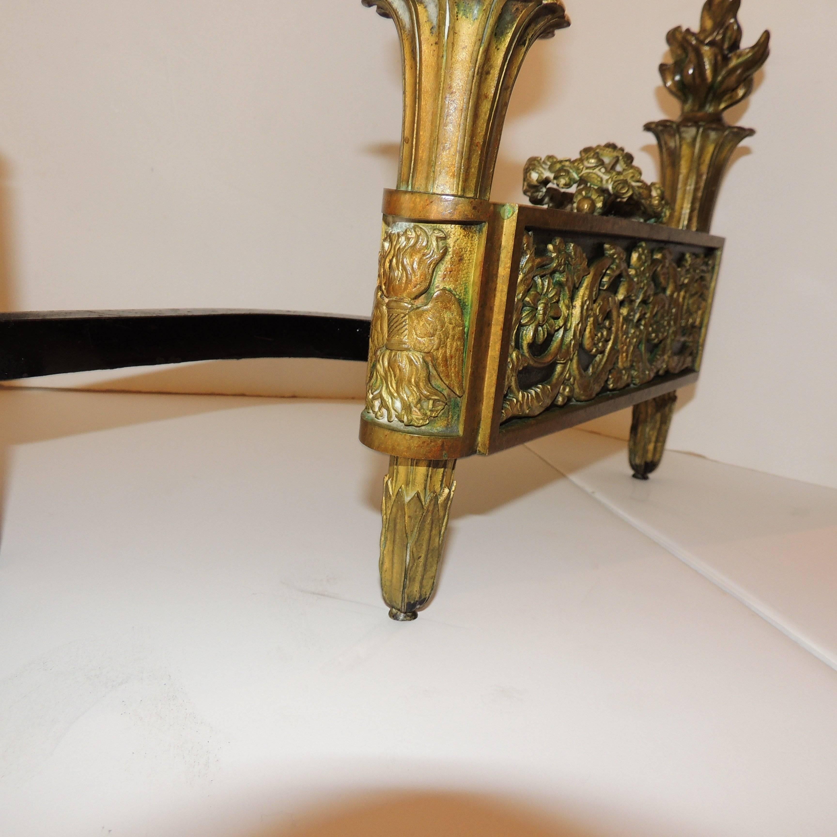 Wonderful French Neoclassical Gilt Dore Bronze with Black Marble Insert Chenets For Sale 3