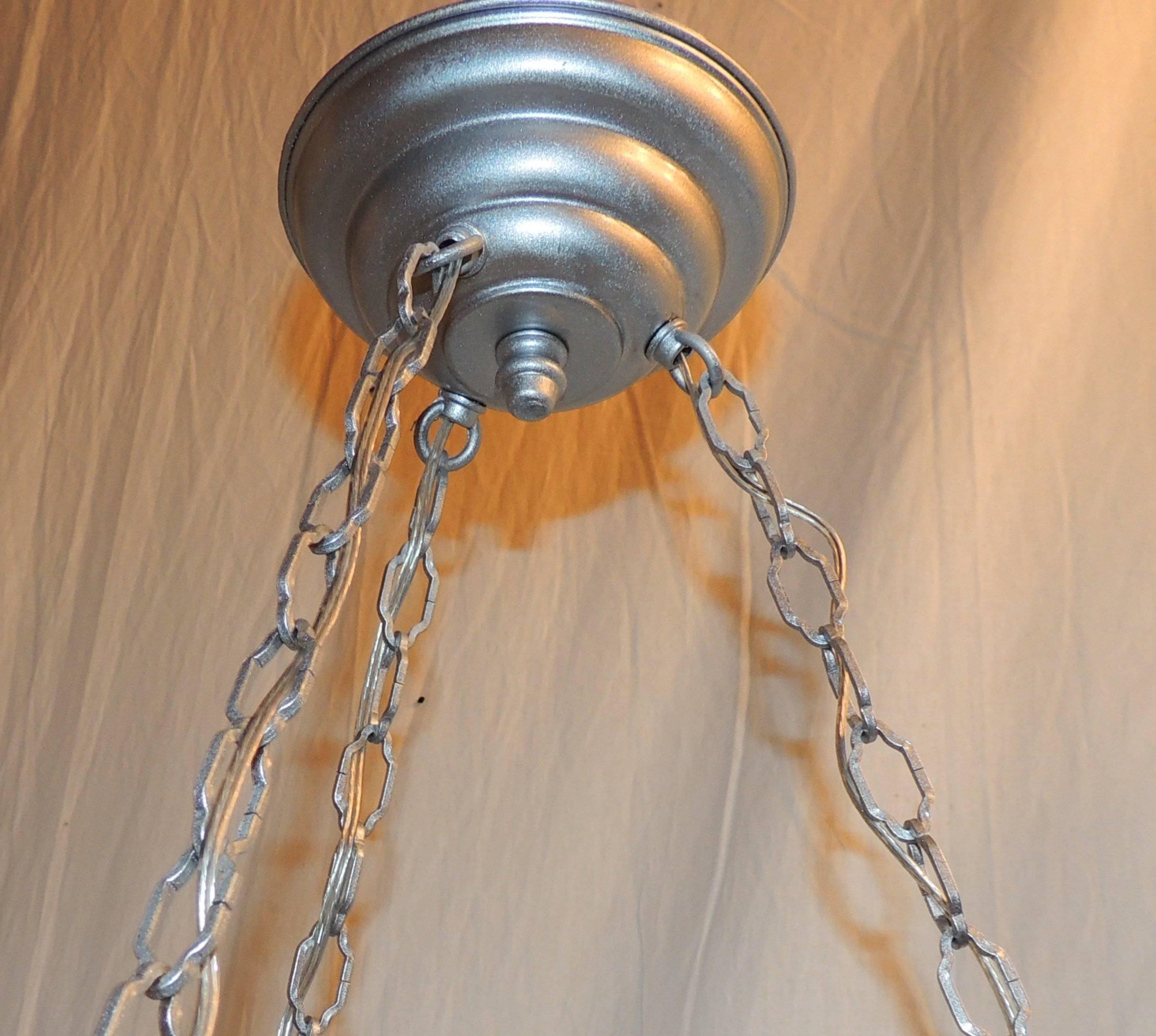 Wonderful French Art Deco Silver Frosted Glass Three-Light Chandelier Fixture In Good Condition For Sale In Roslyn, NY