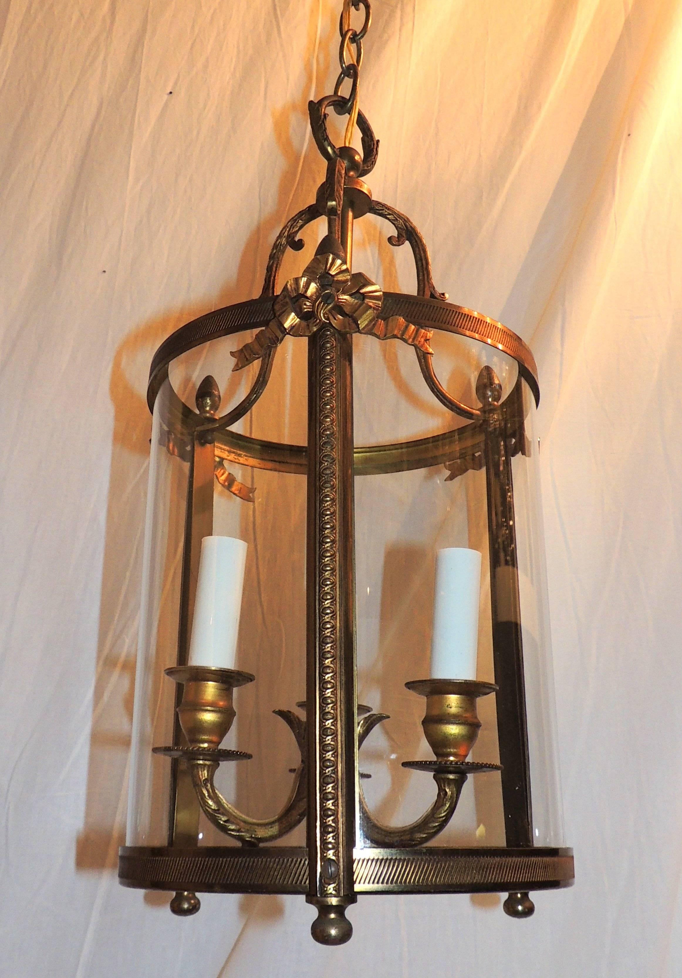 Wonderful French Ribbon Bow Gilt Bronze Three-Light Lantern Chandelier Fixture For Sale 2