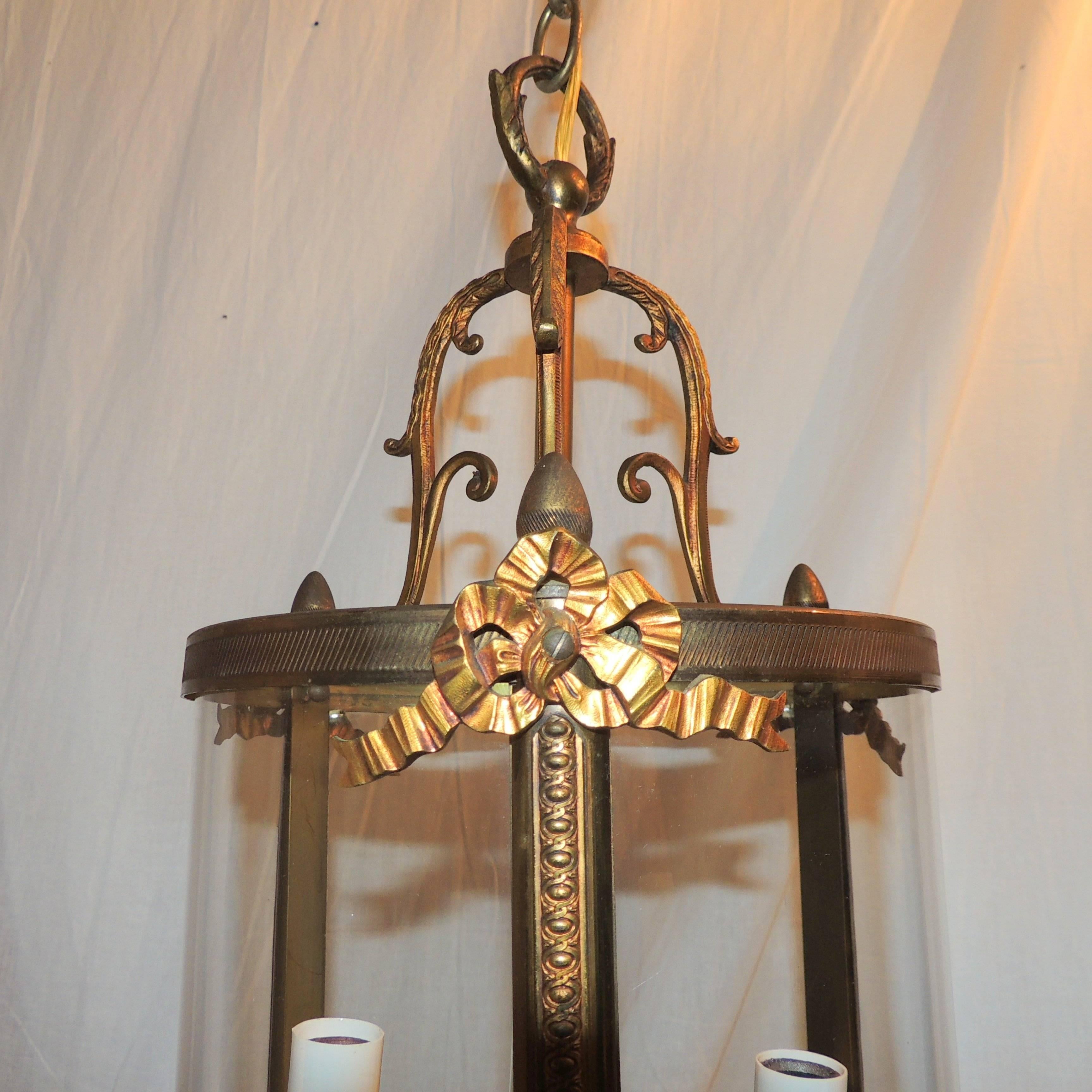 Belle Époque Wonderful French Ribbon Bow Gilt Bronze Three-Light Lantern Chandelier Fixture For Sale