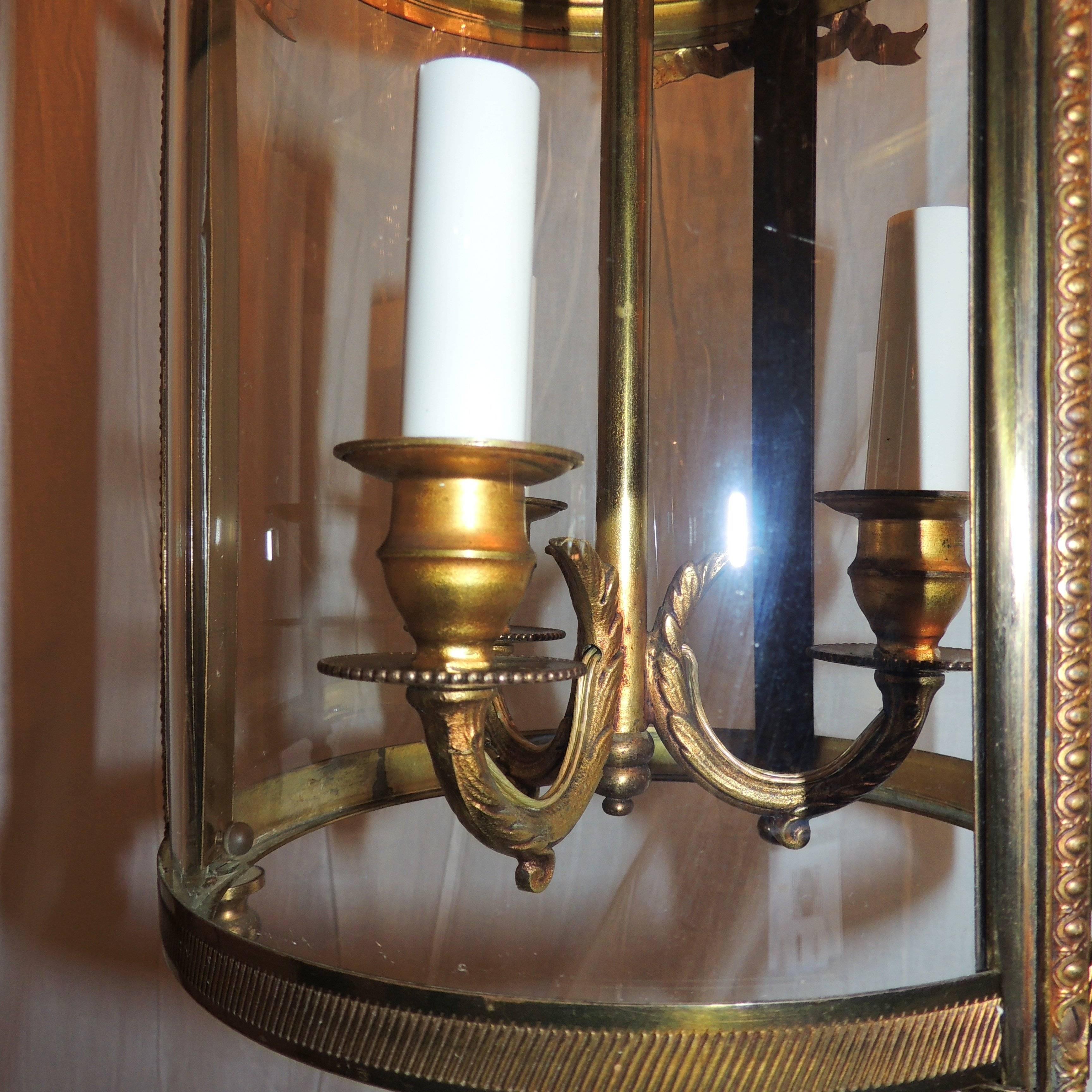 Mid-20th Century Wonderful French Ribbon Bow Gilt Bronze Three-Light Lantern Chandelier Fixture For Sale