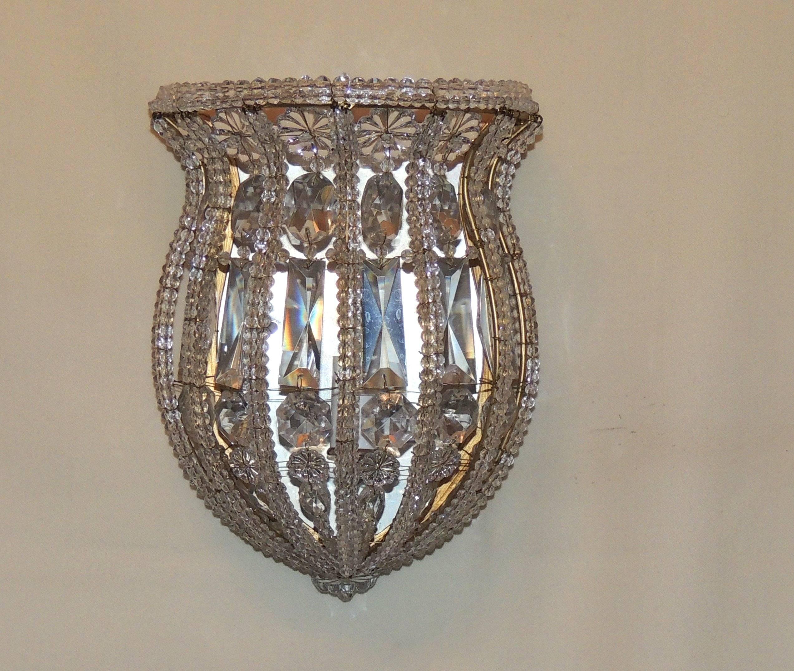 Wonderful Vintage Pair Italian Crystal Beaded Bronze Brass Basket Flower Sconces

Measures: 7" W x 9" H x 5" D.