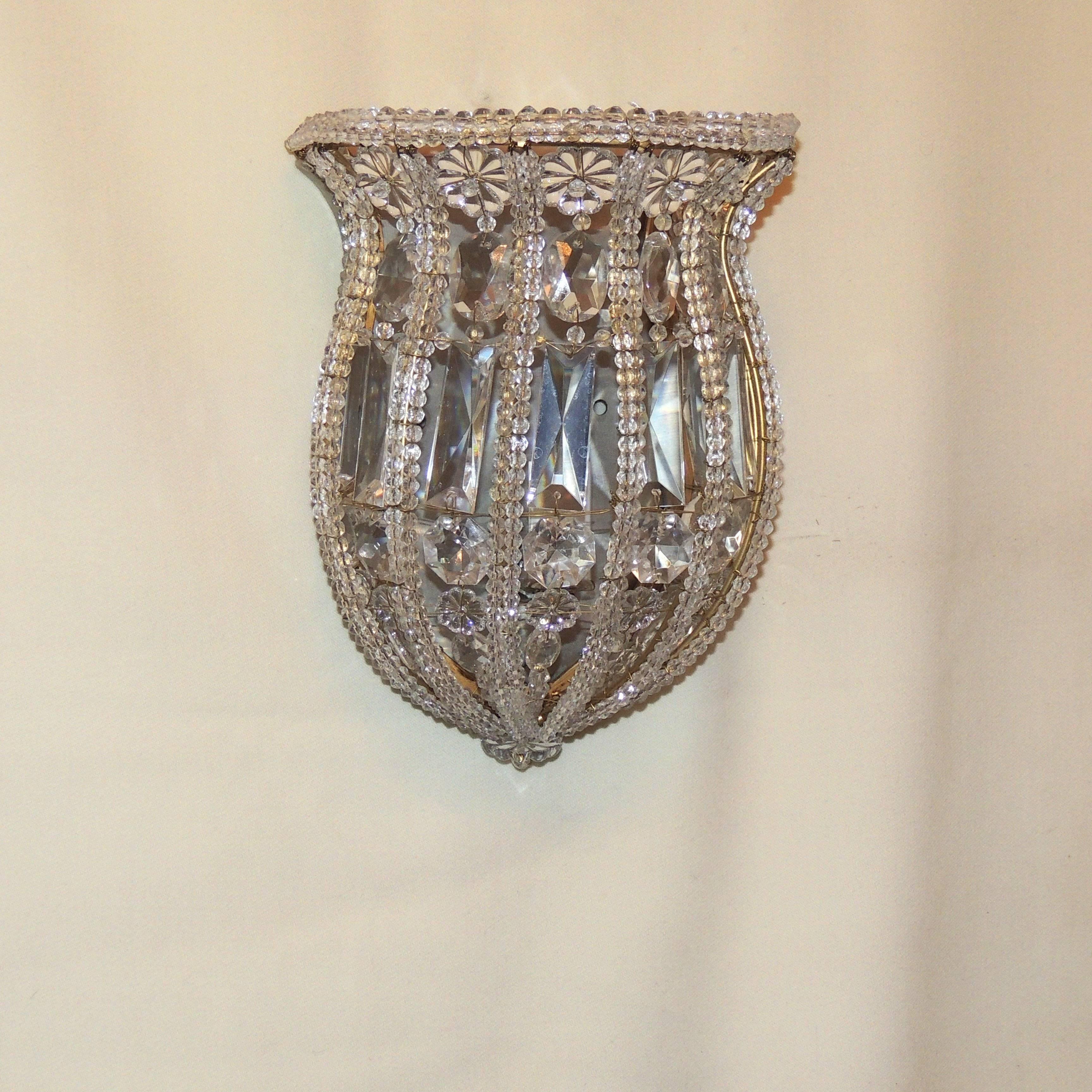 Wonderful Vintage Pair Italian Crystal Beaded Bronze Brass Basket Flower Sconces 2