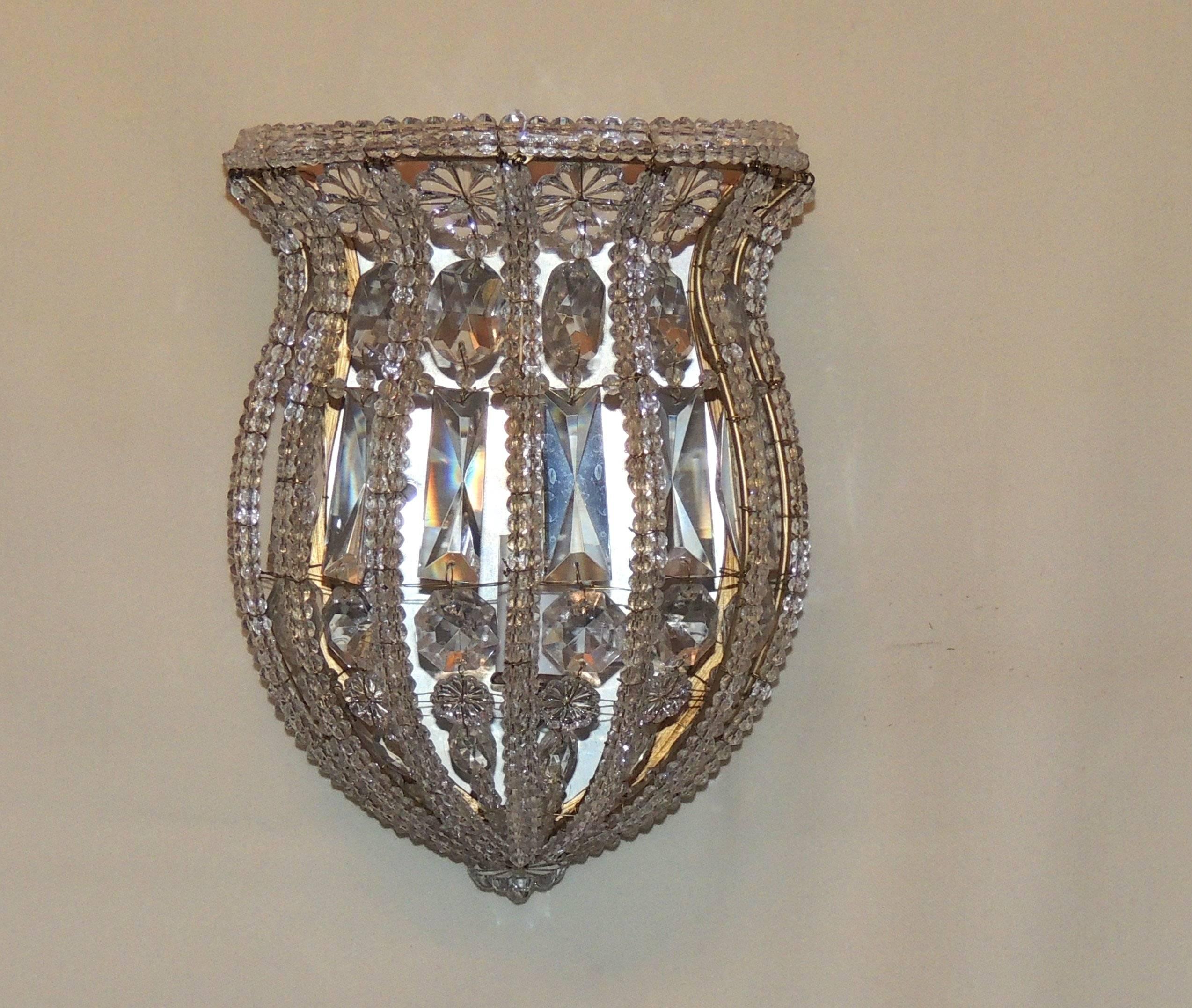 Wonderful Vintage Pair Italian Crystal Beaded Bronze Brass Basket Flower Sconces 1