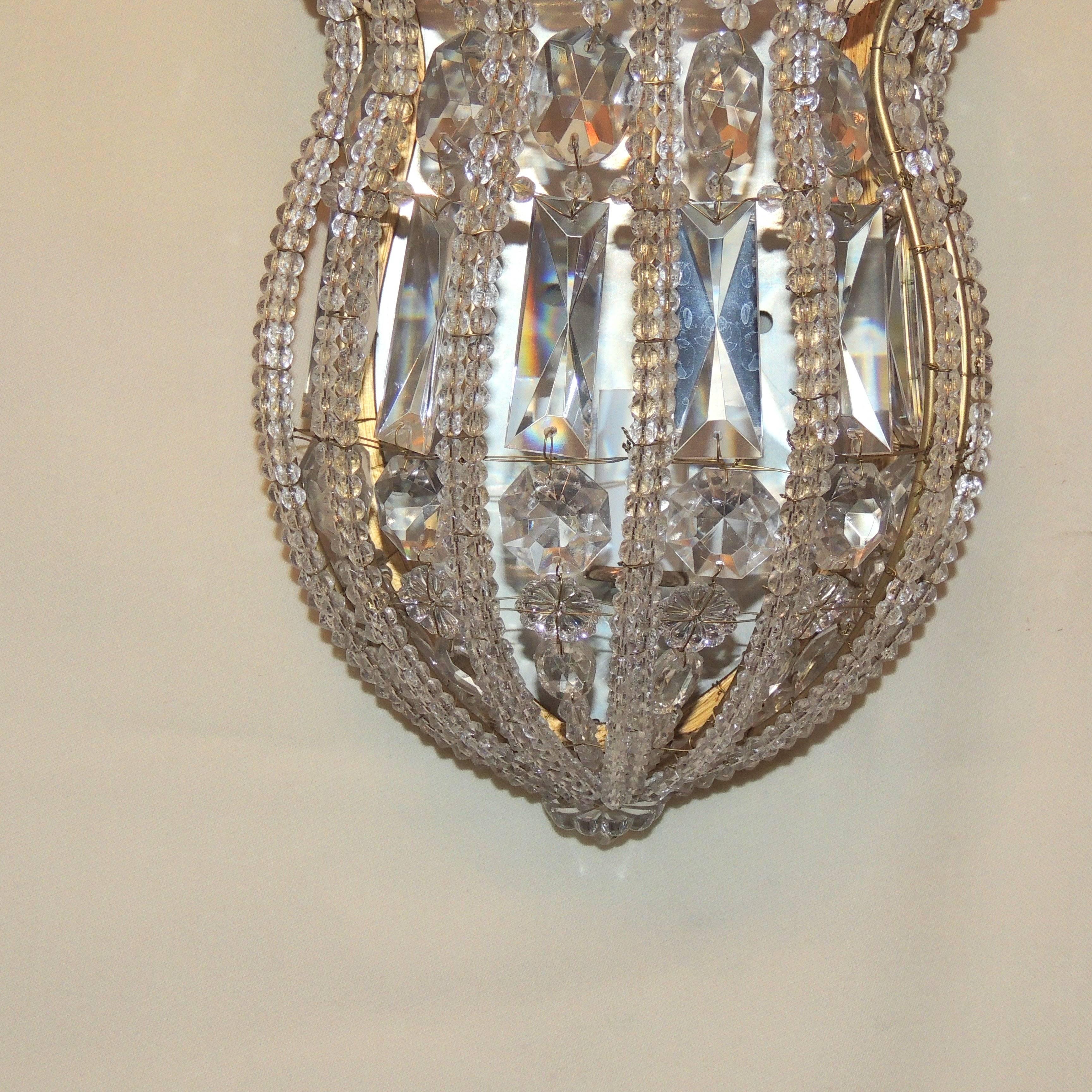 Wonderful Vintage Pair Italian Crystal Beaded Bronze Brass Basket Flower Sconces 3