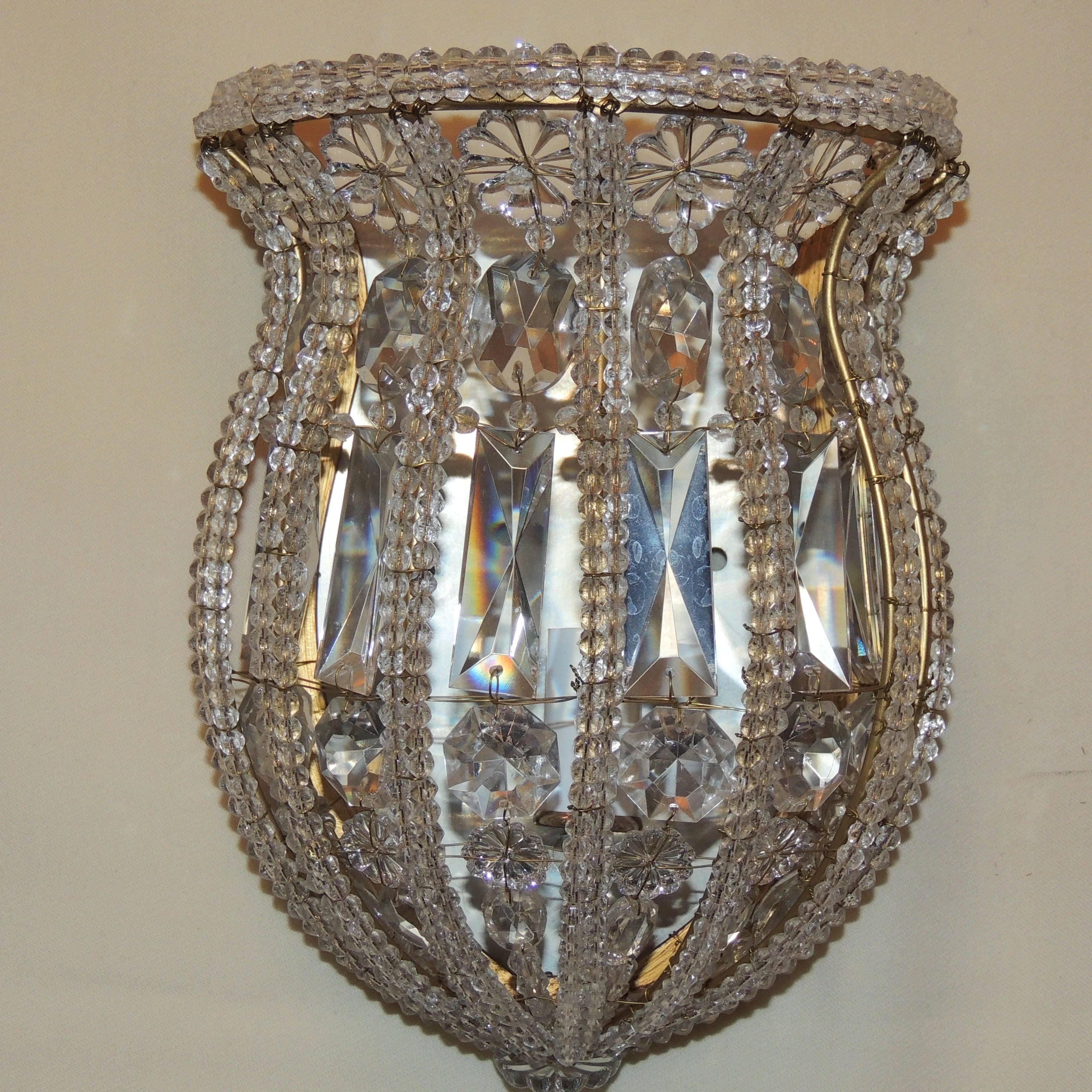 Belle Époque Wonderful Vintage Pair Italian Crystal Beaded Bronze Brass Basket Flower Sconces