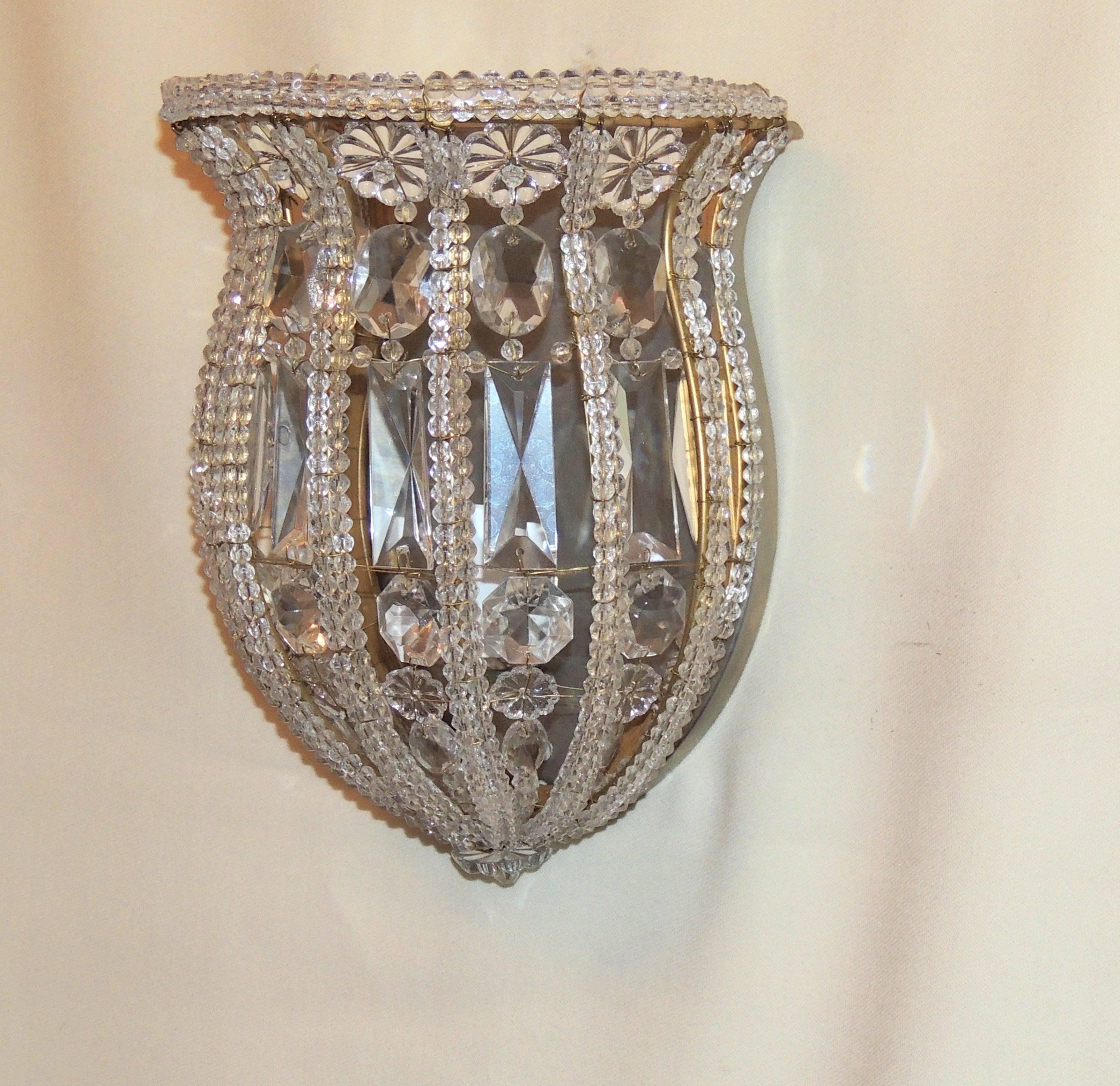 Wonderful Vintage Pair Italian Crystal Beaded Bronze Brass Basket Flower Sconces 4