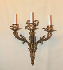 Beautiful Large Three-Arm Caldwell Gilt Doré Bronze Regency Sconces Ribbon Top