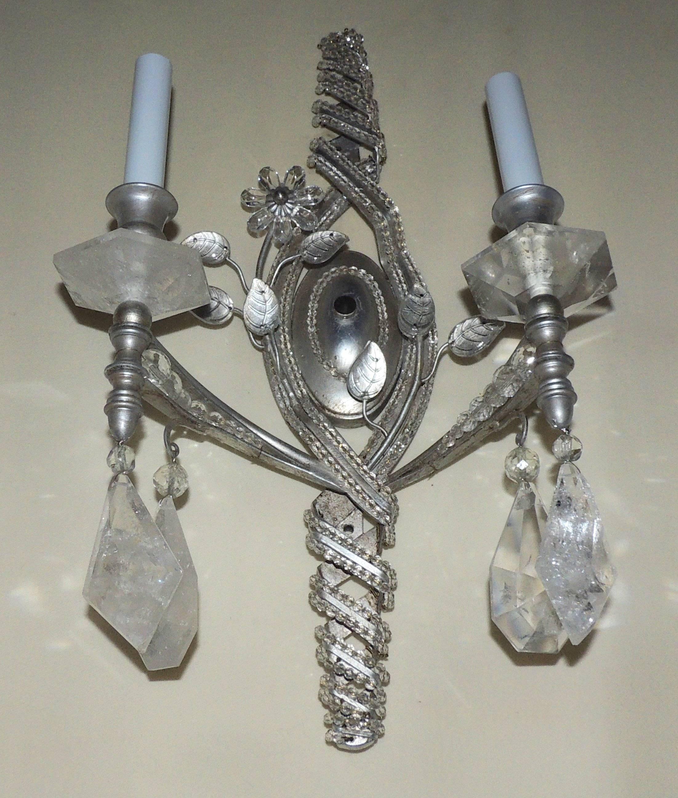 Silvered Wonderful Vintage Pair Transitional Silver Rock Crystal & Beaded Sconces