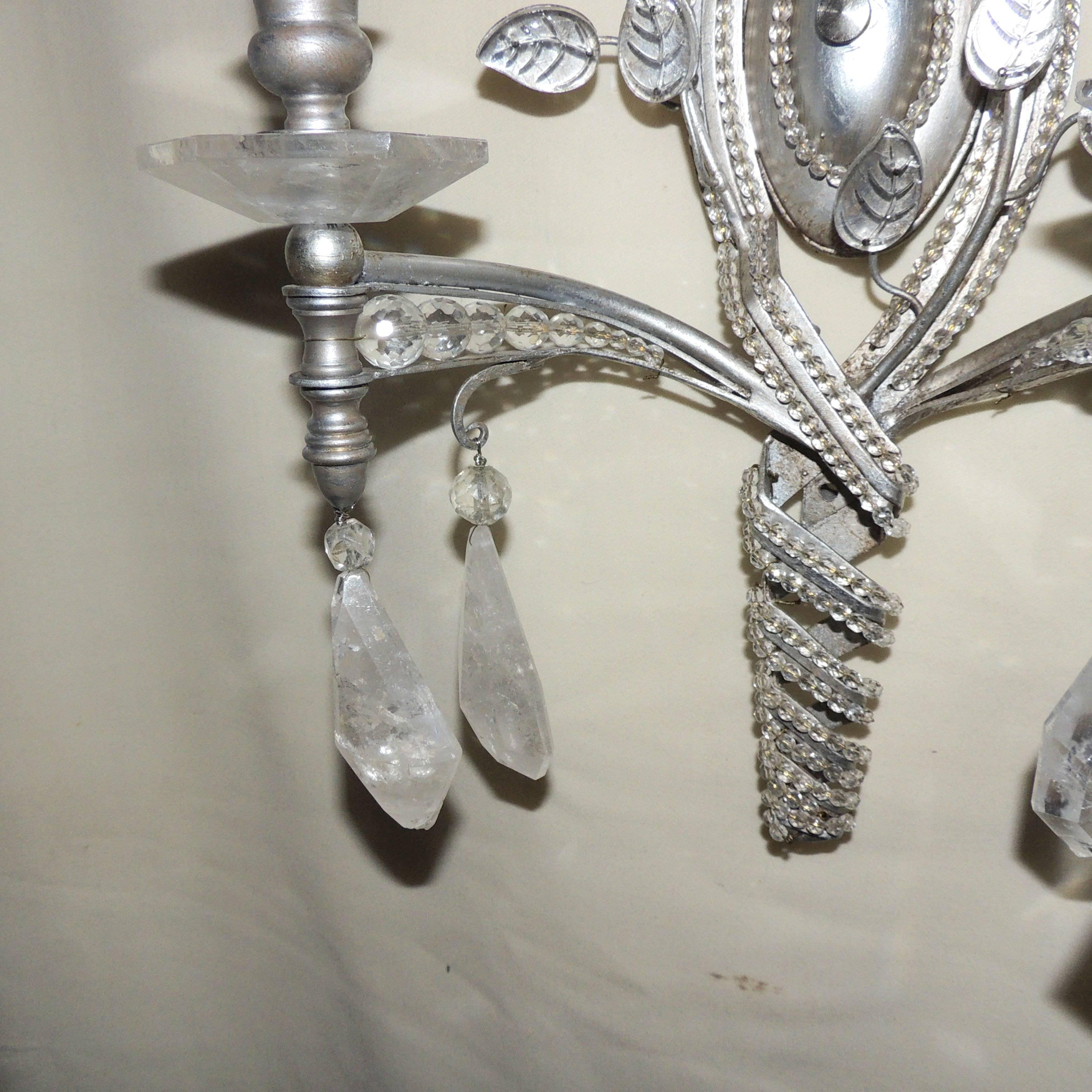 Wonderful Vintage Pair Transitional Silver Rock Crystal & Beaded Sconces In Good Condition In Roslyn, NY