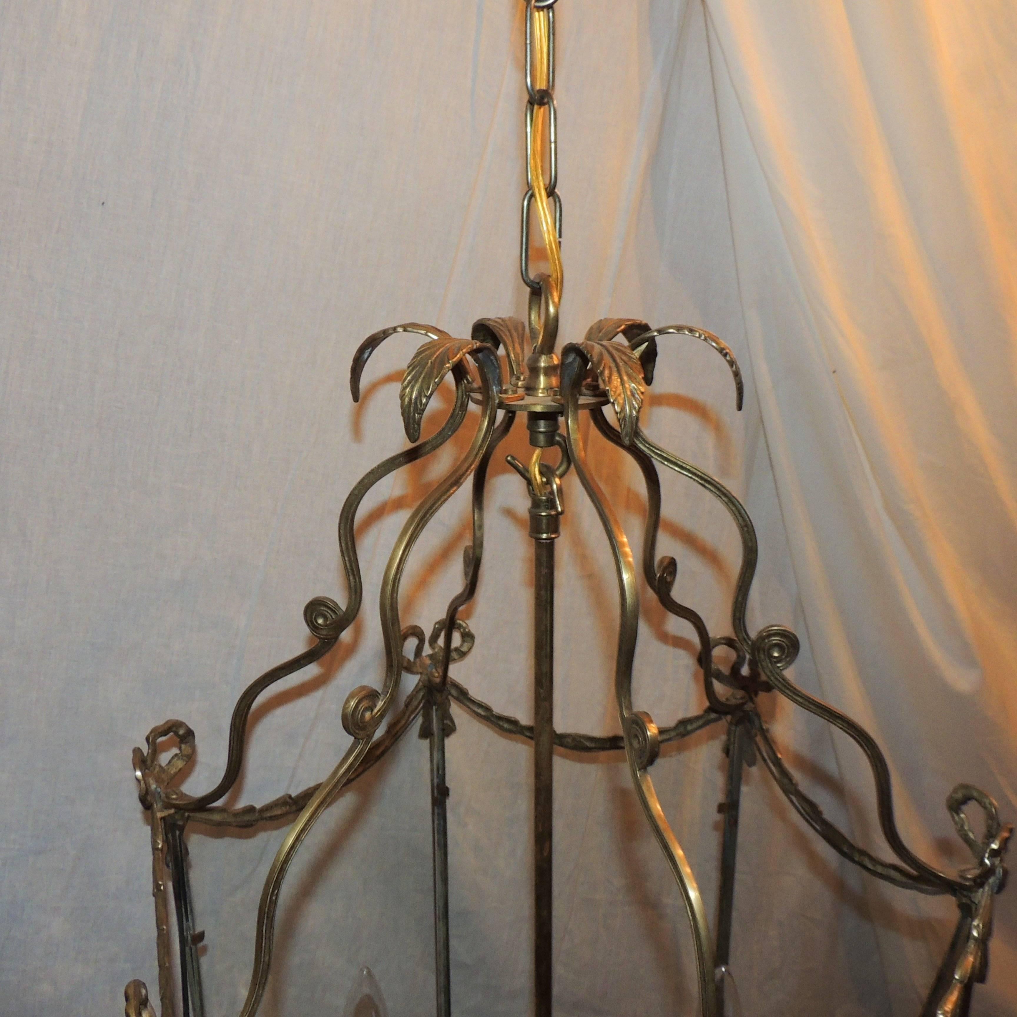 Neoclassical Wonderful Large Bronze Three-Light Bow Tassle Hexagon Lantern Pendent Fixture