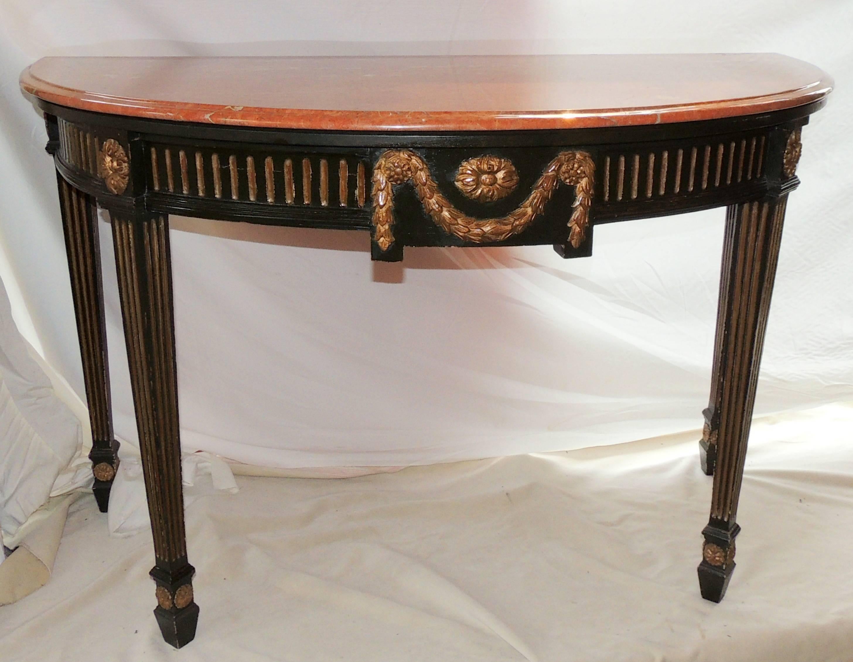 Mid-20th Century Wonderful French Pair Regency Marble-Top Green Gold Gilt Demilune Console Tables For Sale